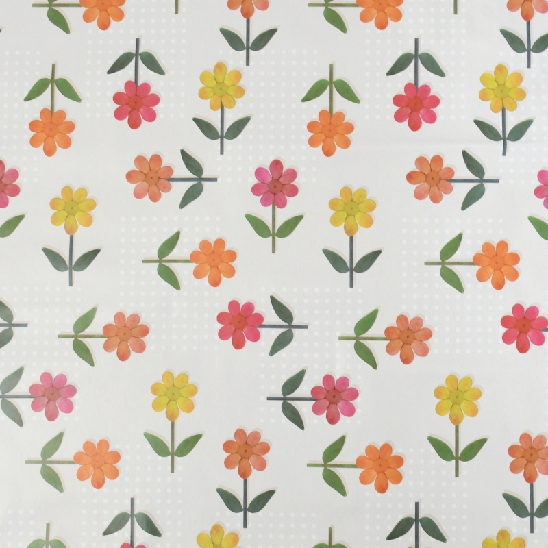 Tischdecke Abwaschbar Wachstuch Blumen in Rot-Orange-Gelb mit Punkten Wunschmaß