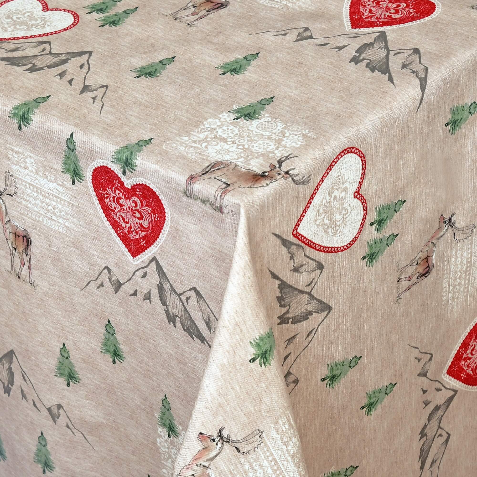 Moderno® Abwaschbare Tischdecke mit Fleckschutz – Wintermotiv mit Herzen, Hirschen & Tannen in Beige & Rot