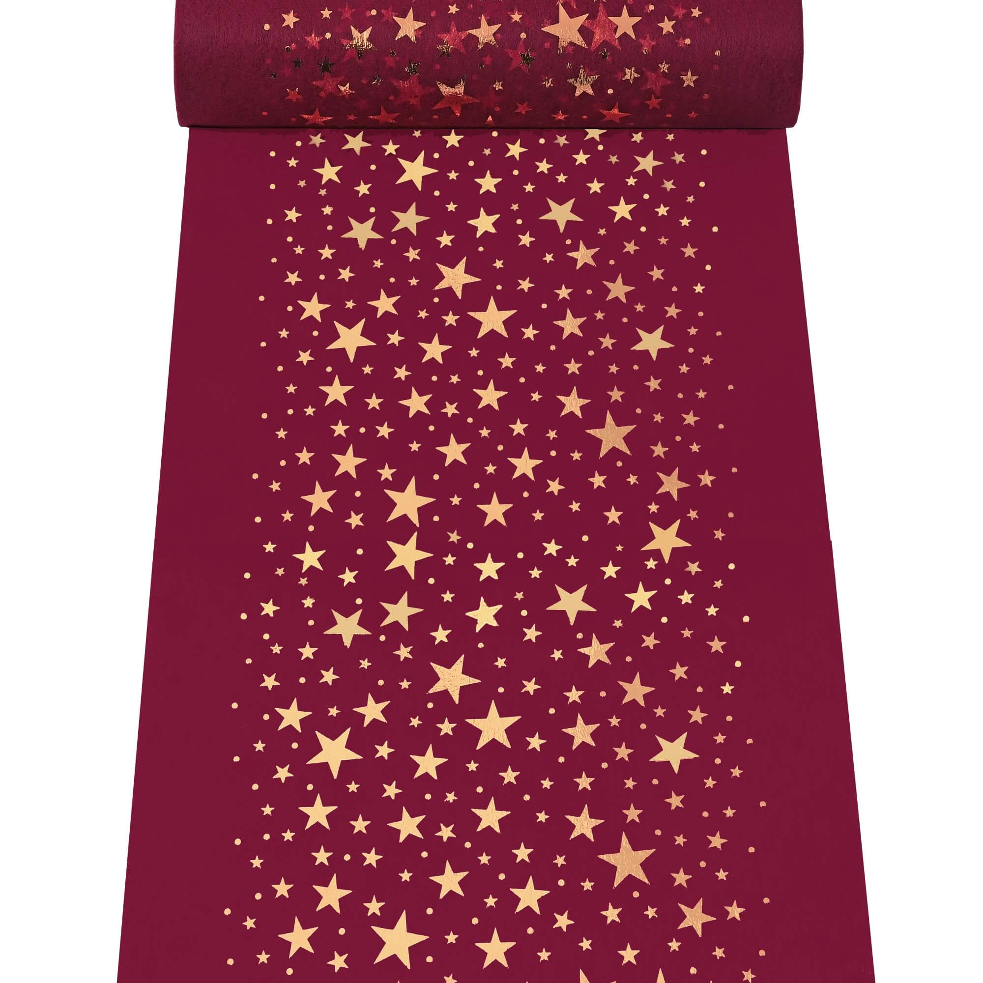 Moderno® Tischläufer Vlies Rot 5 m – Goldene Sterne, 20 cm Breite, Festliche Weihnachtsdeko, Elegantes Tischband für Weihnachten & Events