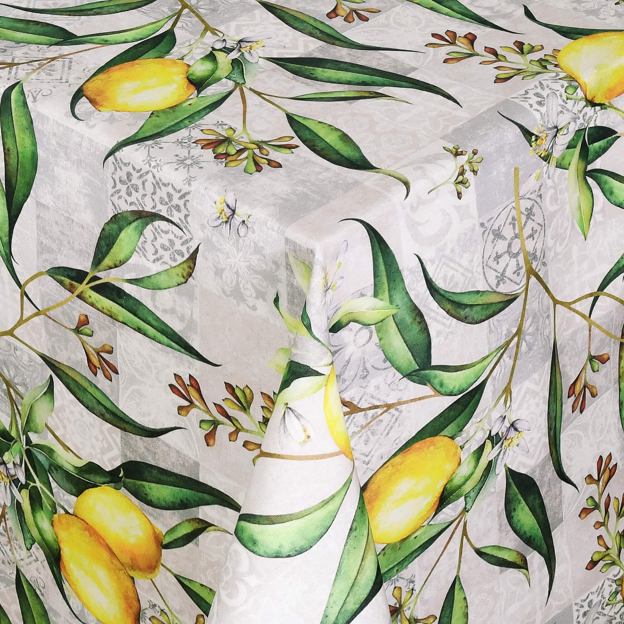 Moderno® Abwaschbare Tischdecke mit Fleckschutz - Leinenoptik, Zitronenzweige in Grün & Gelb