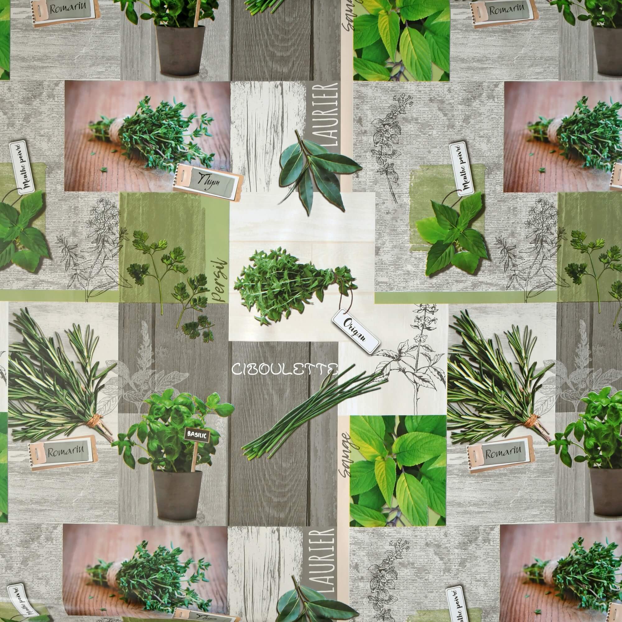 Tischdecke Abwaschbar Wachstuch Kräuter-Motiv Grün auf Holzoptik im Wunschmaß