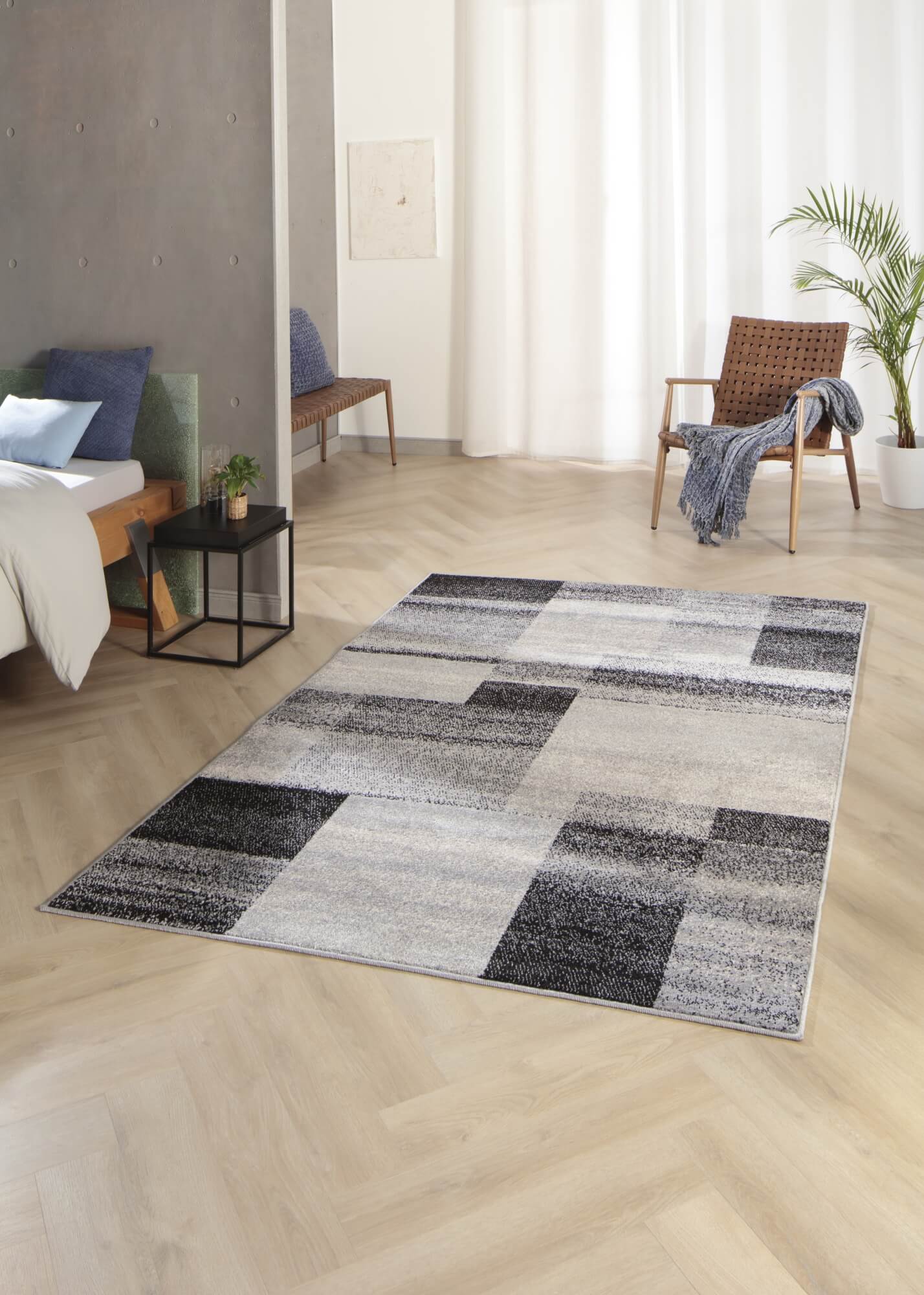 Teppich Ylva – Grau mit Textilstruktur – Kurzflor – weich & formstabil für Wohn- und Schlafzimmer