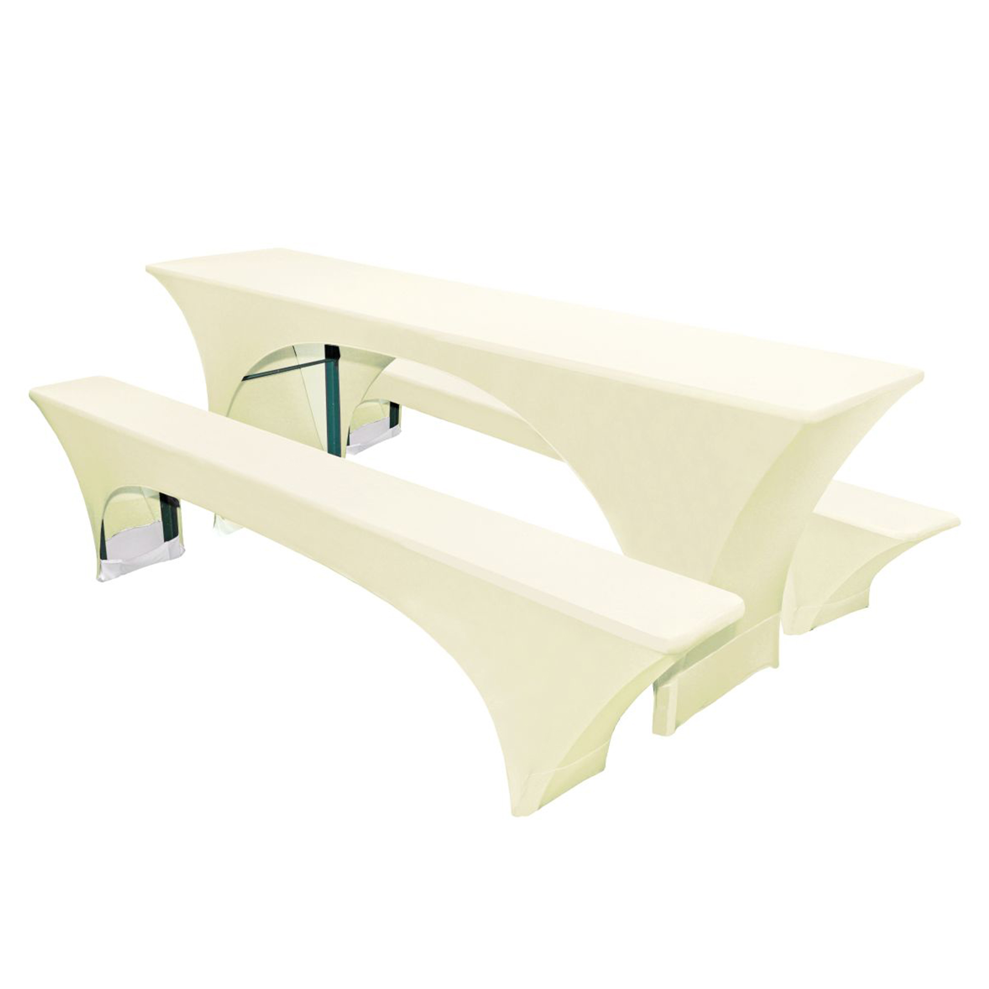 Stretch Hussen 3 teiliges Set in Creme für 70er Festzeltgarnitur mit Bierbankhussen und Biertischhusse Stretch Hussen 3 teiliges Set in Creme für 70er Festzeltgarnitur mit Bierbankhussen und Biertischhusse