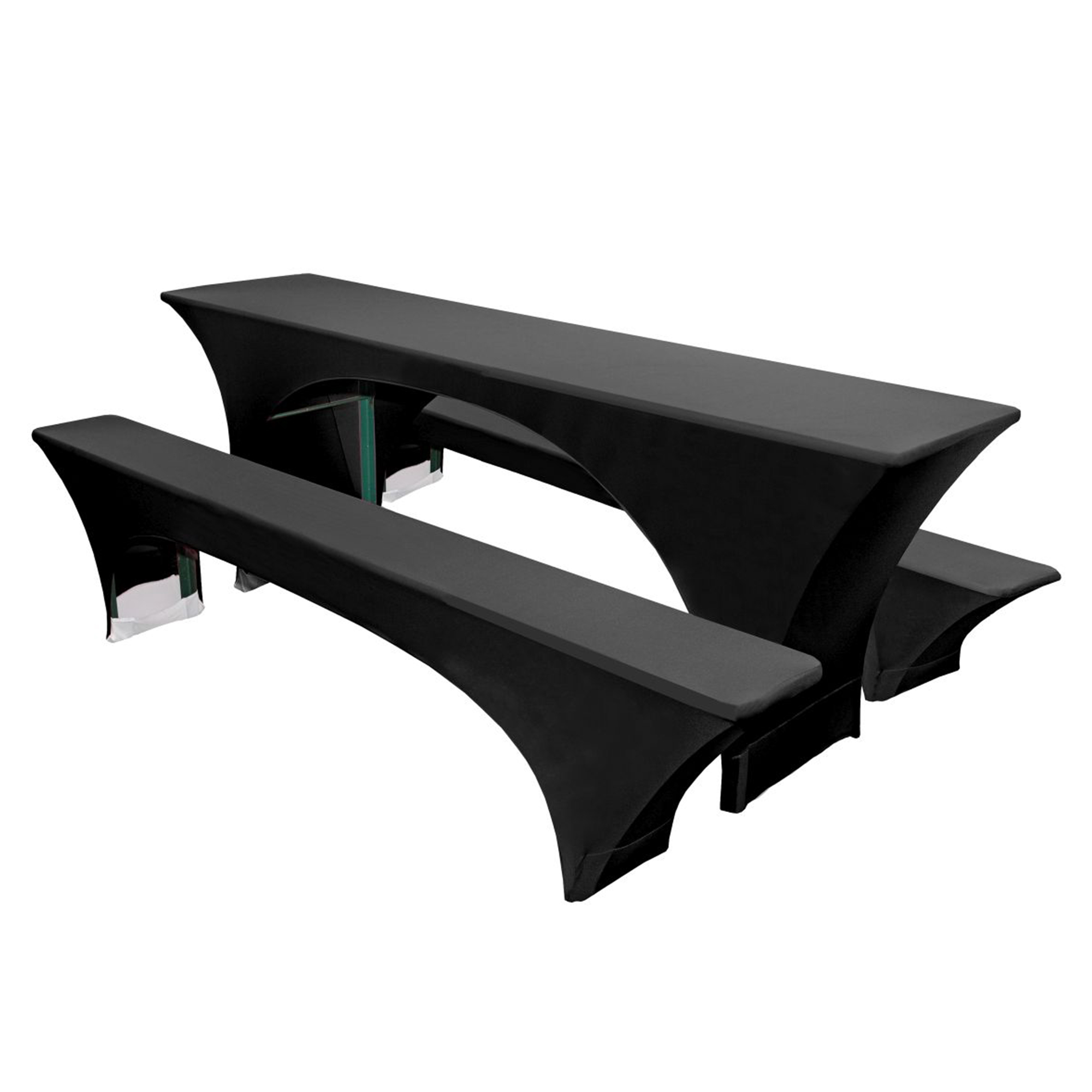 Stretch Hussen 3 teiliges Set in Schwarz für 50er Festzeltgarnitur mit Bierbankhussen und Biertischhusse Stretch Hussen 3 teiliges Set in Schwarz für 50er Festzeltgarnitur mit Bierbankhussen und Biertischhusse