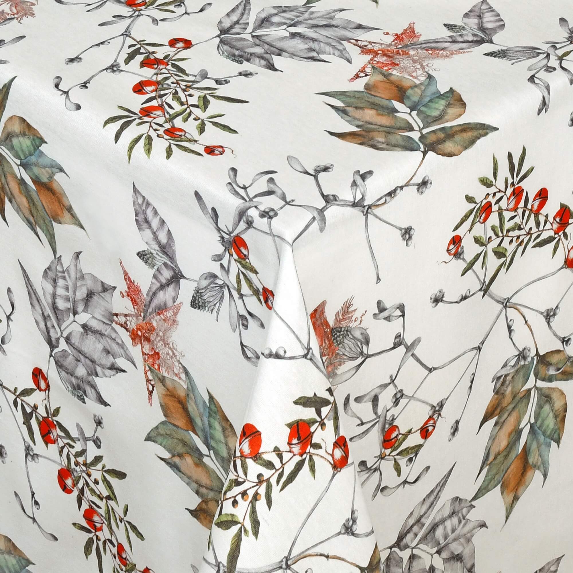 Moderno® Abwaschbare Tischdecke mit Fleckschutz – Mistelzweig- und Beerenmotiv in Grau, Grün & Rot Moderno® Abwaschbare Tischdecke mit Fleckschutz – Mistelzweig- und Beerenmotiv in Grau, Grün & Rot