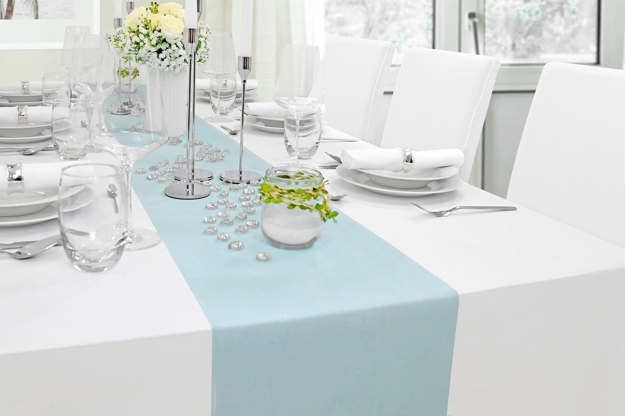 Tischläufer Hell-Blau 25 m Vliesstoff – Modern, Outdoor, Tischdeko für Hochzeit, Party, Fest, Geburtstag, Eventdeko, Feier, Garten, Terrasse, Tischband