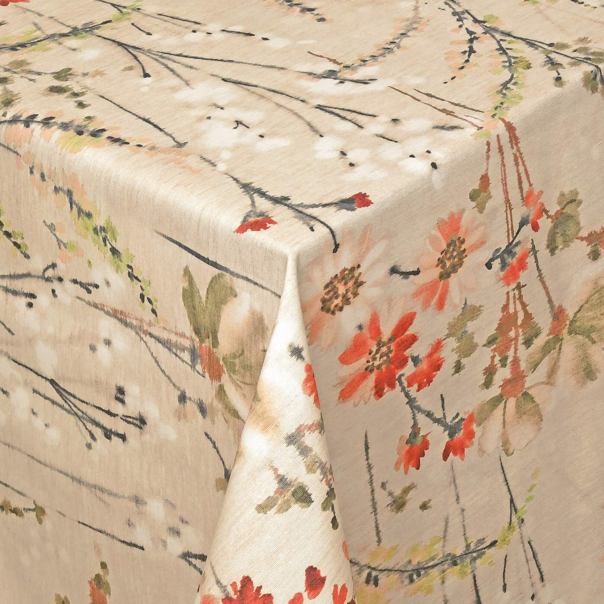 Abwaschbare Tischdecke mit Fleckschutz - Leinenoptik, Blumen & Pflanzen in Beige, Rot-Grün