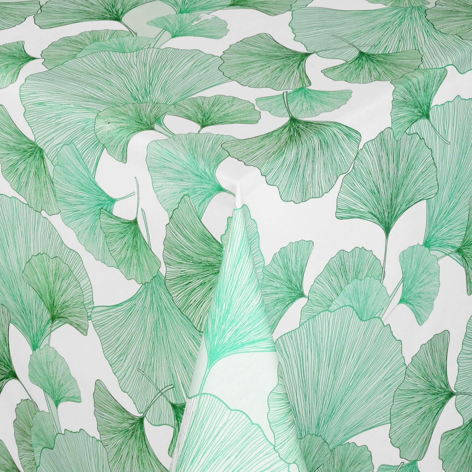 Moderno® Abwaschbare Tischdecke mit Fleckschutz - Leinenoptik, Ginkgo-Blätter in Grün auf Weiss Moderno® Abwaschbare Tischdecke mit Fleckschutz - Leinenoptik, Ginkgo-Blätter in Grün auf Weiss