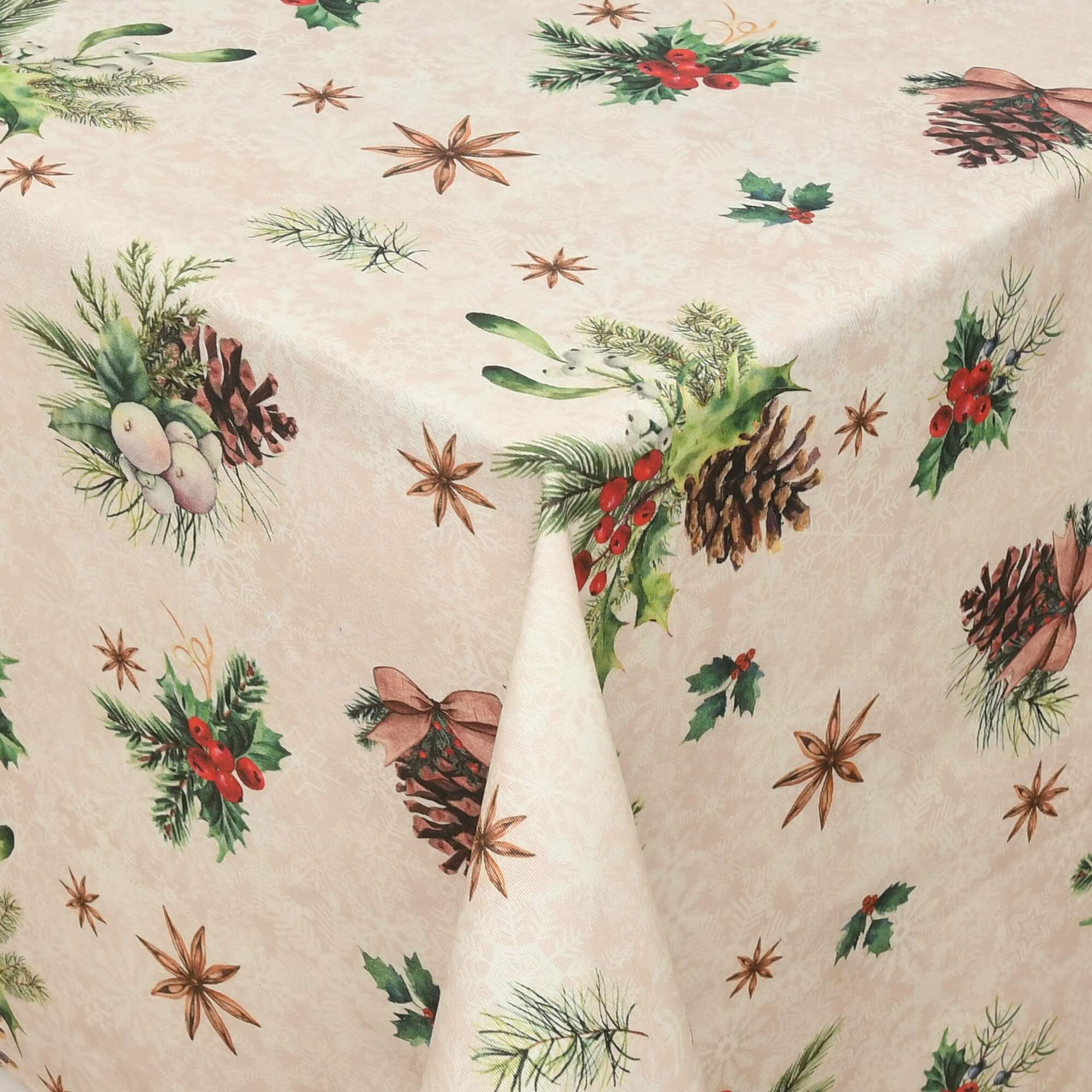 Moderno® Tischdecke Weihnachten Weihnachtstischdecke Schneeflocken und Tannenzapfen Motiv Beige mit Fleckschutz