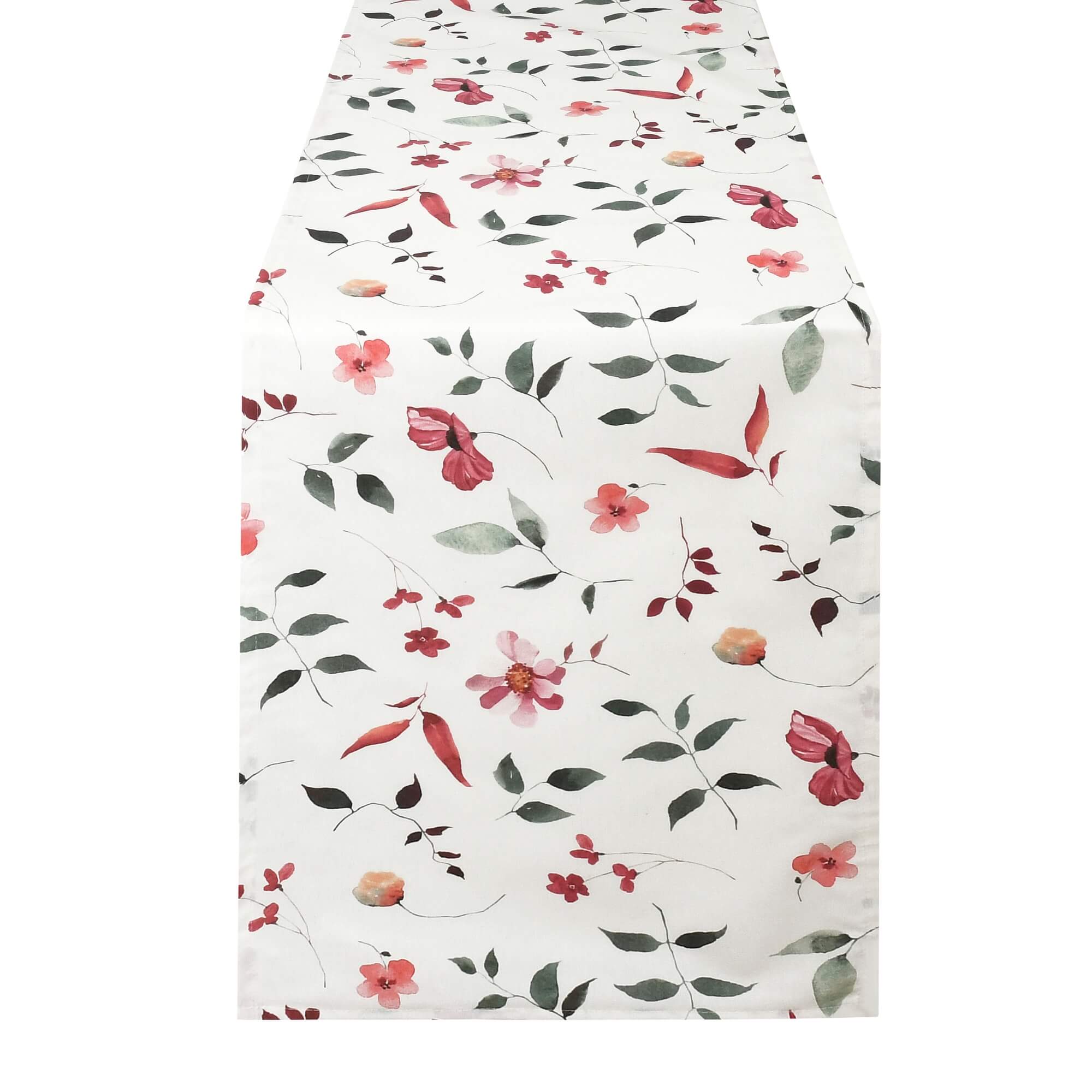 Tischläufer modern Blumen und Zweige mit Fleckschutz - Leinenoptik, Weiß mit bunten Blumen