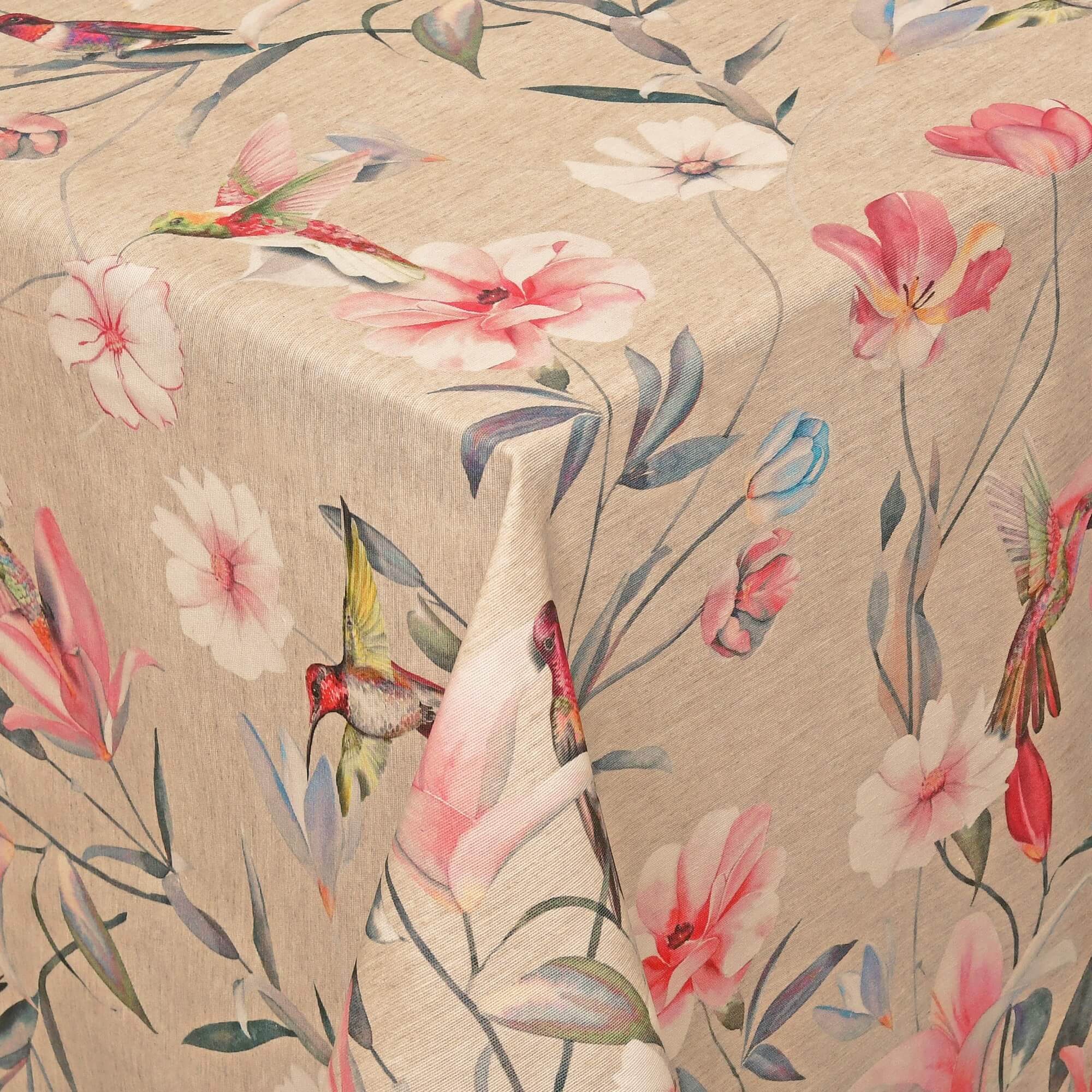 Abwaschbare Tischdecke mit Fleckschutz - Leinenoptik, Exotische Blumen & Kolibris in Beige