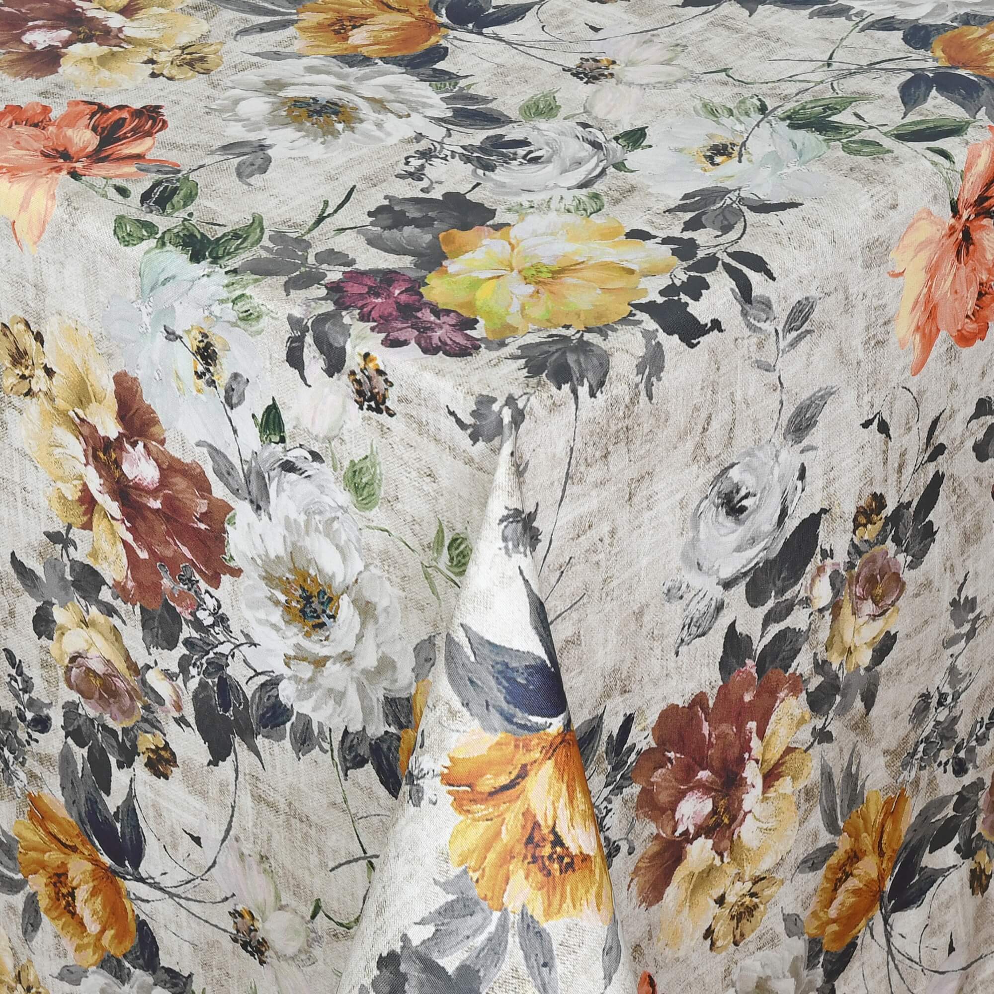 Tischdecke Adria Blumen mit Fleckschutz - Leinenoptik, Beige mit roten, braunen und gelben Blumen Tischdecke Adria Blumen mit Fleckschutz - Leinenoptik, Beige mit roten, braunen und gelben Blumen