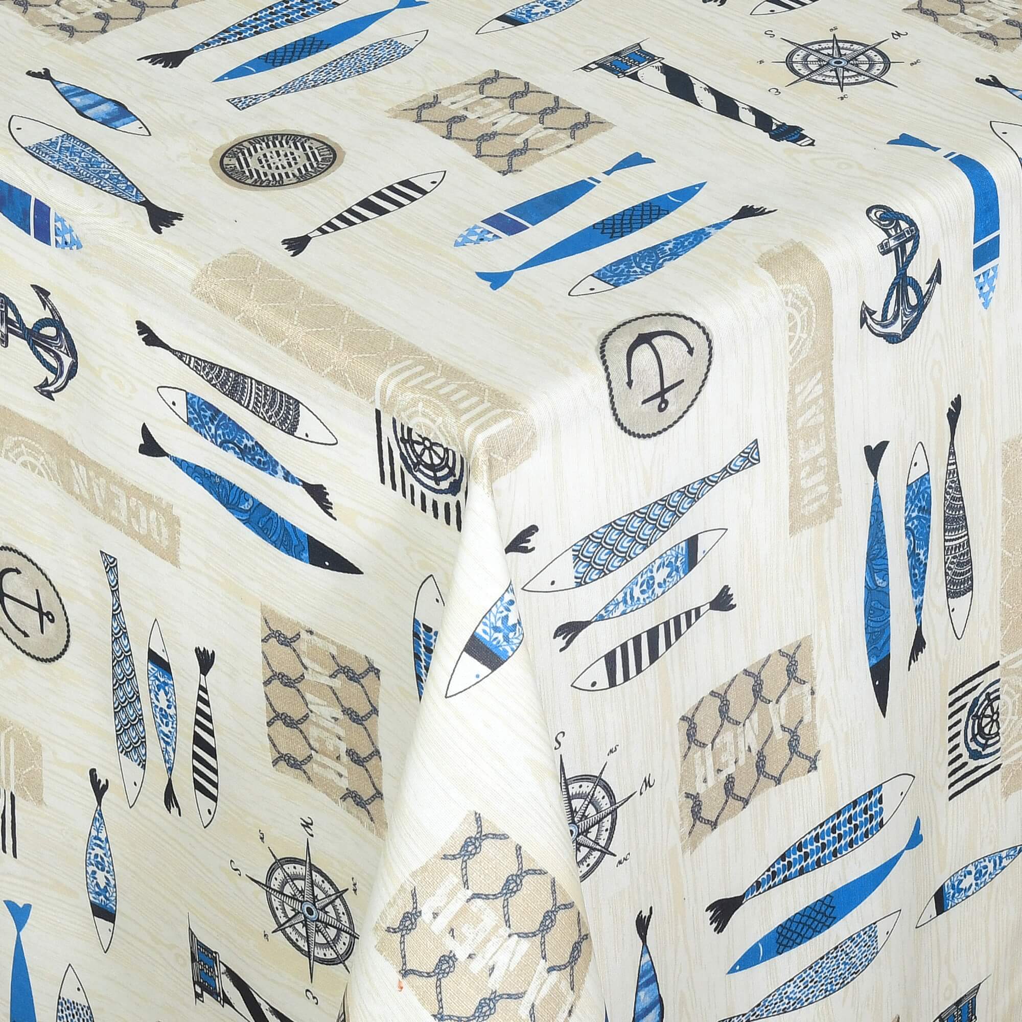 Tischdecke Meer mit Fleckschutz - Leinenoptik, Weiß mit maritimen Motiven in Blau