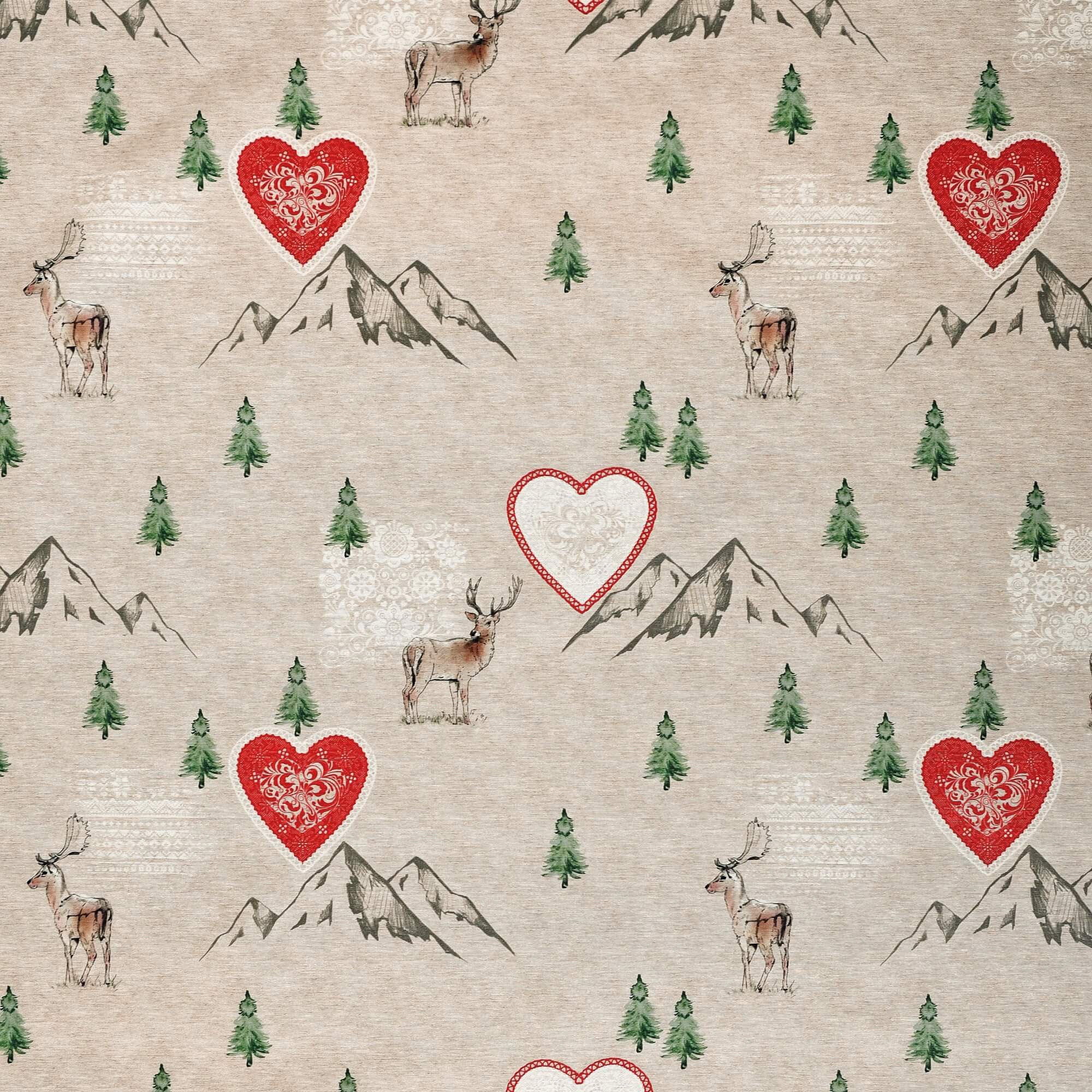 Moderno® Abwaschbare Tischdecke mit Fleckschutz – Wintermotiv mit Herzen, Hirschen & Tannen in Beige & Rot