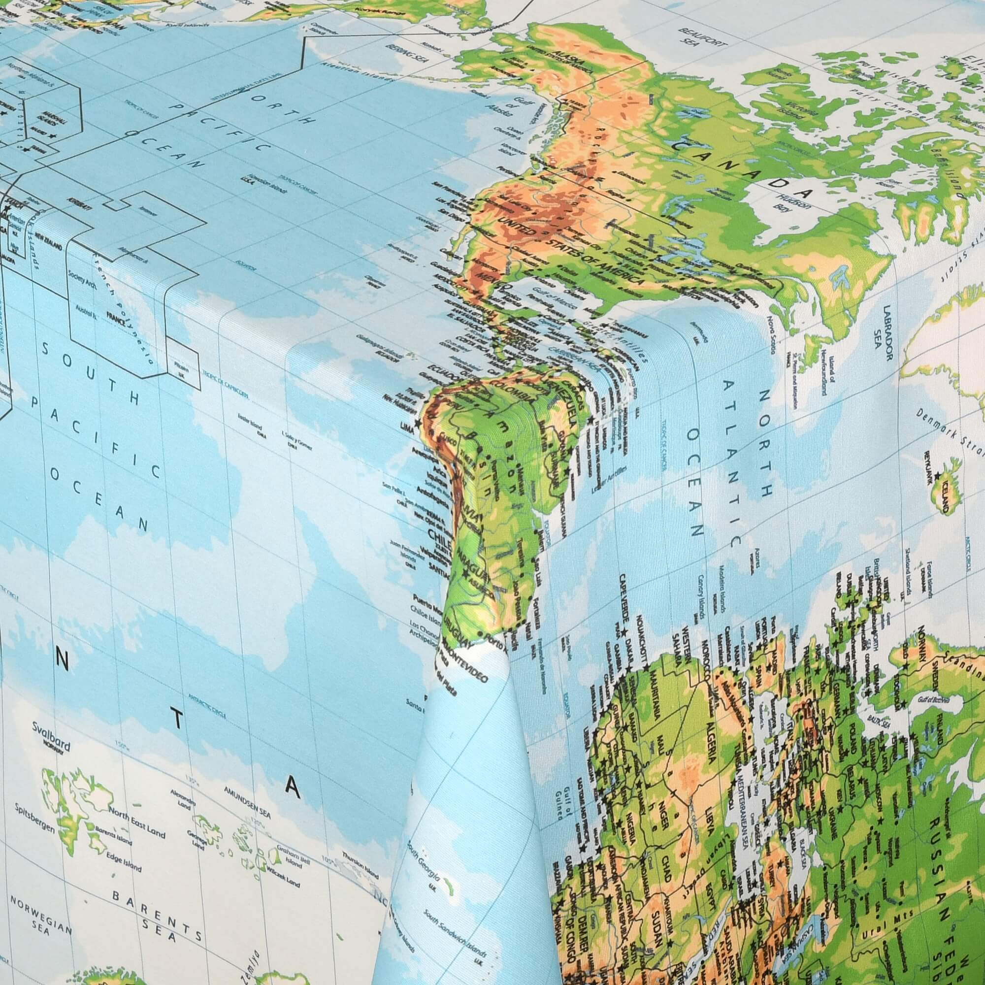 Moderno® Abwaschbare Tischdecke Weltkarte mit Fleckschutz - Leinenoptik, Kontinente und Meere in Grün-Blau