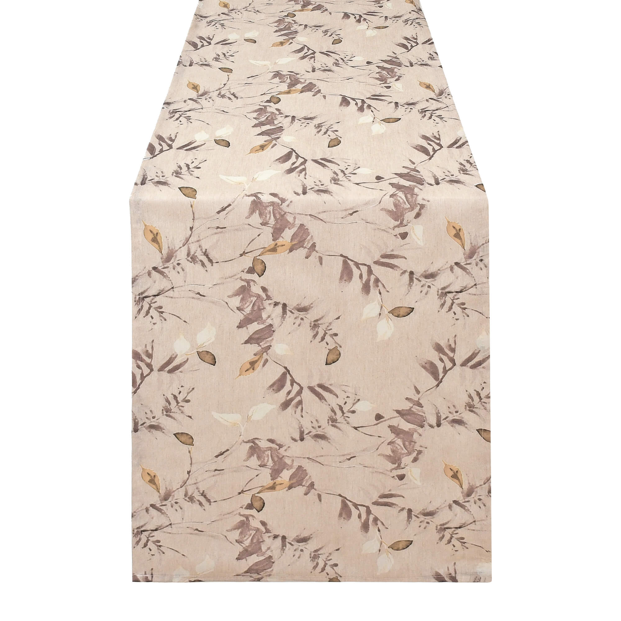 Tischläufer modern Herbstzweige mit Fleckschutz - Leinenoptik, Beige mit braunen Blättern