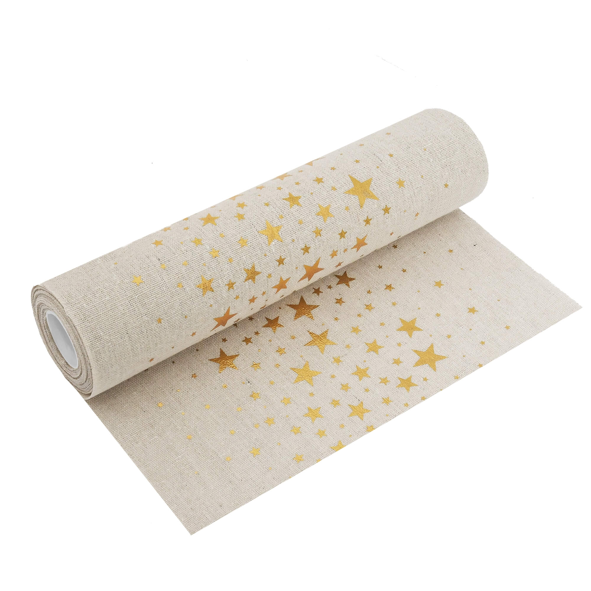 Moderno® Tischläufer Leinenoptik Beige 5 m – Goldene Sterne, 28 cm Breite, Weihnachtsdeko, Festliche Tischdeko für Weihnachten & Events