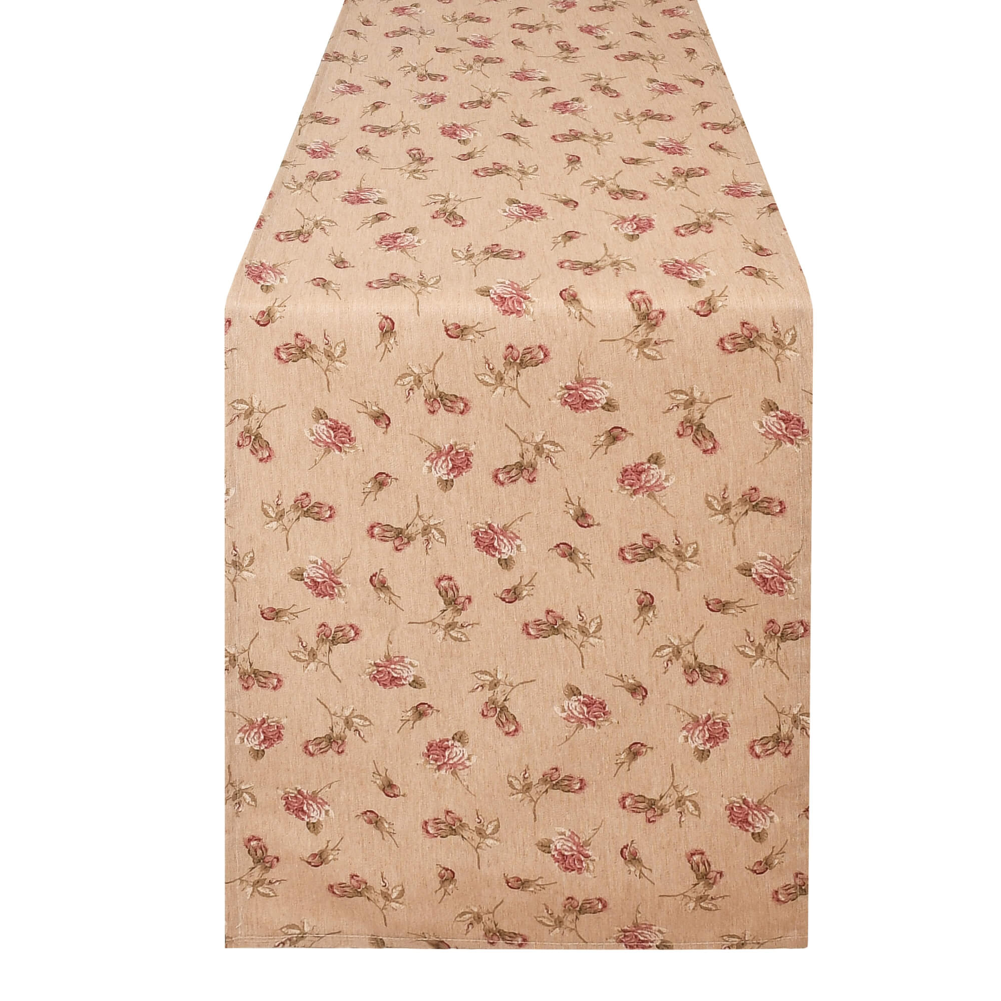 Tischläufer modern mit Fleckschutz – Leinenoptik, Rote Buschröschen auf Beige Tischläufer modern mit Fleckschutz – Leinenoptik, Rote Buschröschen auf Beige