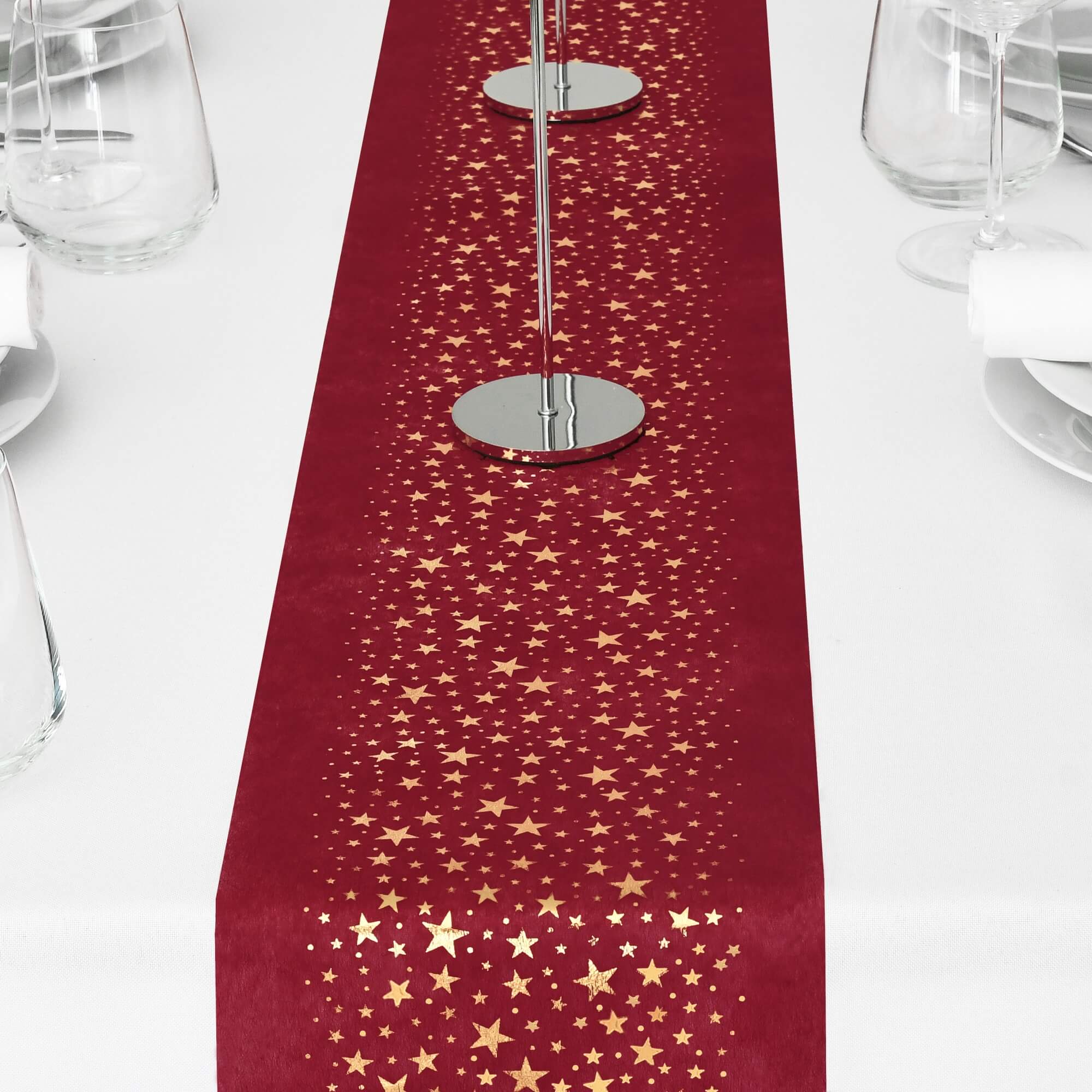 Tischläufer Vlies Rot 5 m – Goldene Sterne, 20 cm Breite, Festliche Weihnachtsdeko, Elegantes Tischband für Weihnachten & Events