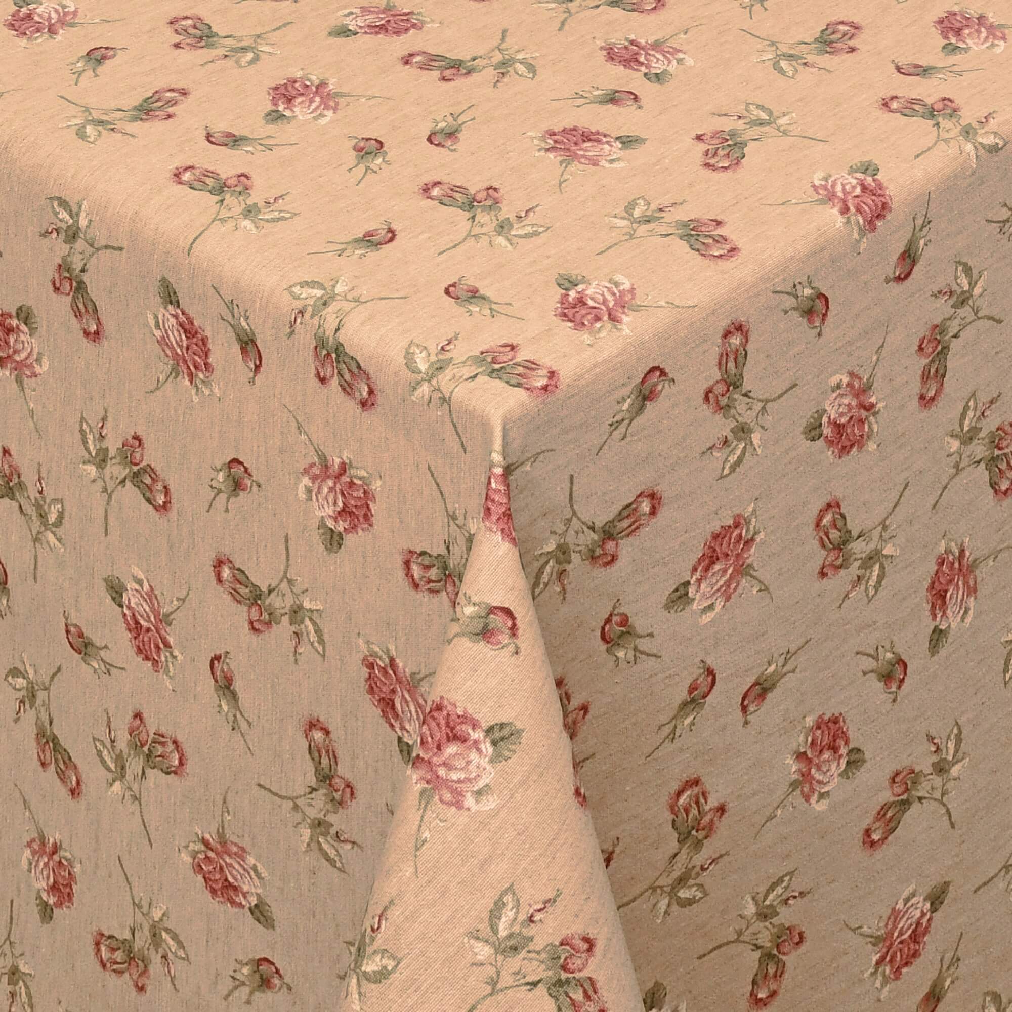 Moderno® Abwaschbare Tischdecke mit Fleckschutz - Leinenoptik, Rote Buschröschen auf Beige