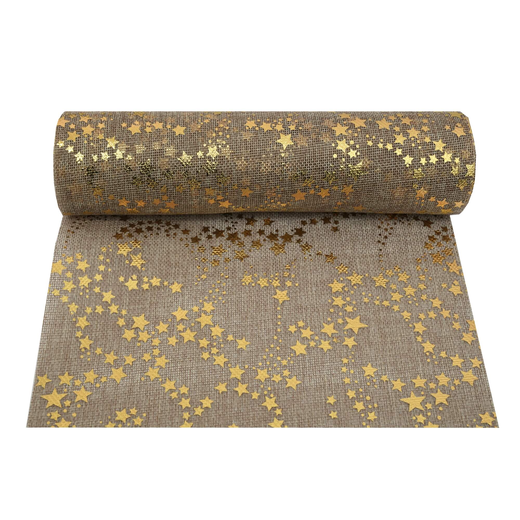 Moderno® Tischläufer Jute-Optik 5 m – Festliche Sterne in Gold, 28 cm Breite, Weihnachtsdeko, Silvester, Tischband für Feiern & Events