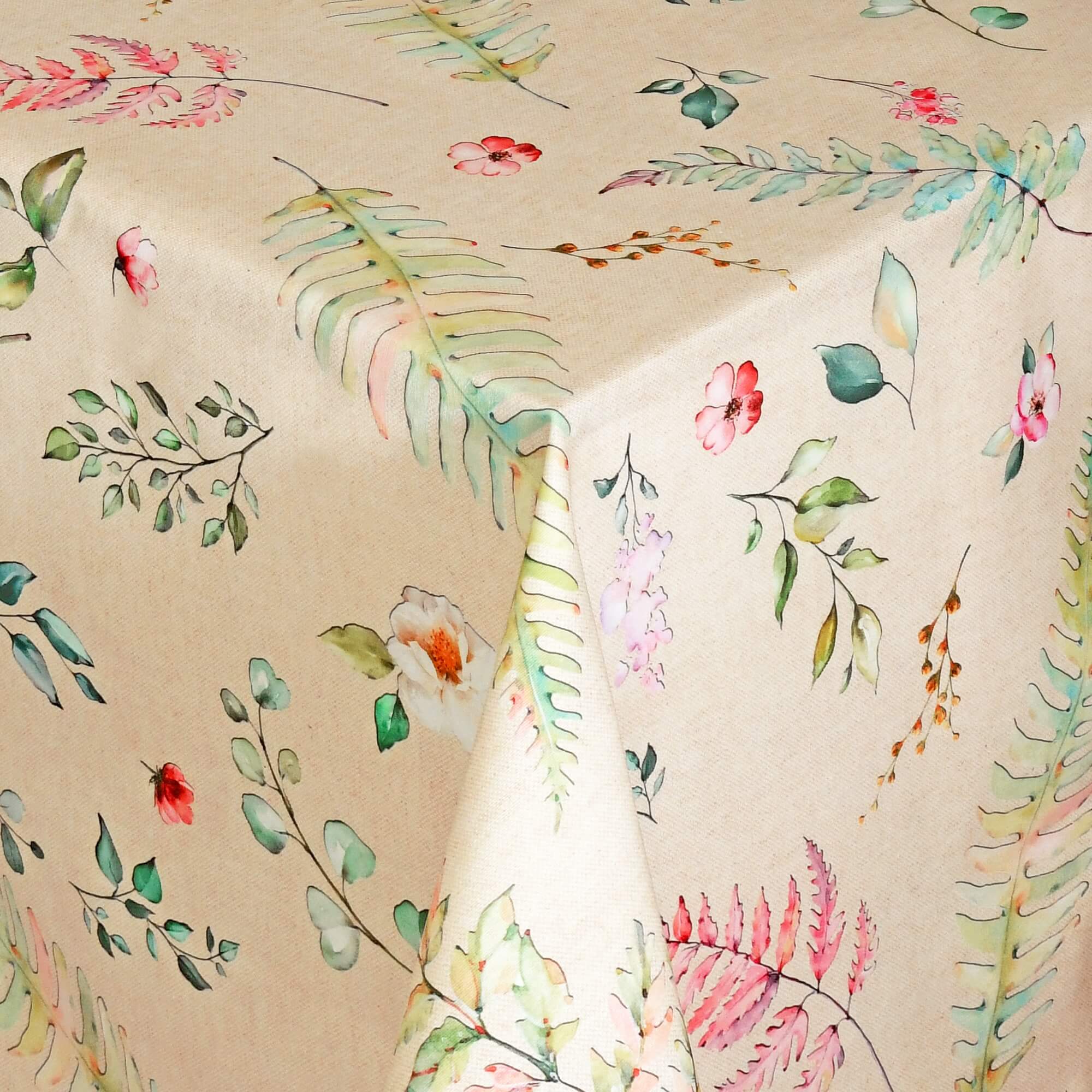Abwaschbare Tischdecke mit Fleckschutz - Leinenoptik, Blumen & Blätter in Beige & Grün