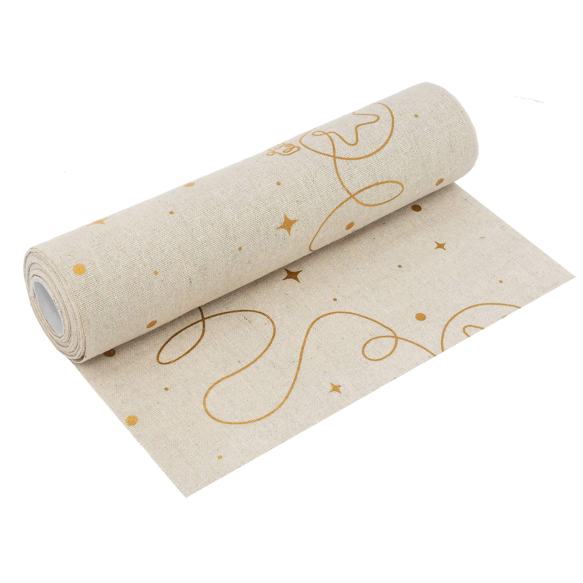Moderno® Tischläufer Leinenoptik Beige 5 m – Goldene Weihnachtskugeln, 28 cm Breite, Weihnachtsdeko, Tischband für Weihnachten & Feiern