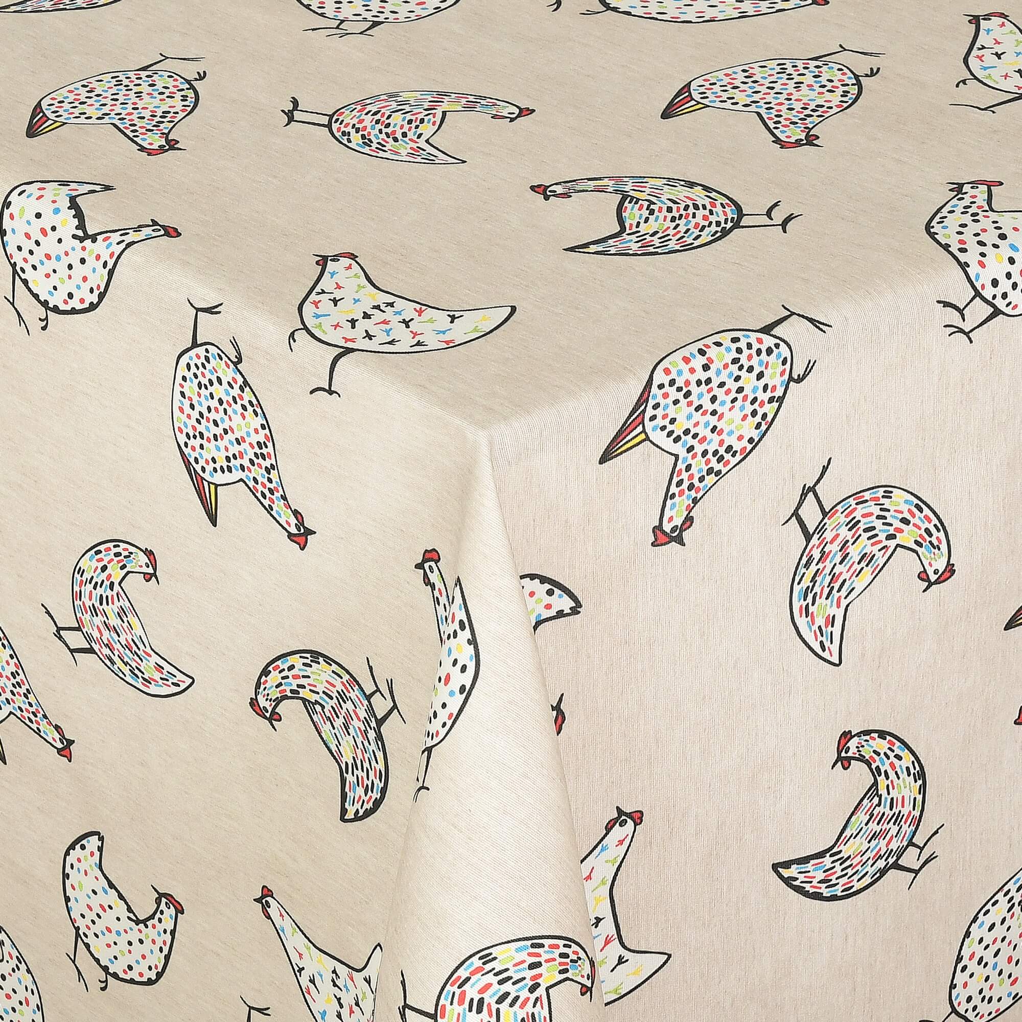 Moderno® Abwaschbare Tischdecke Hühner mit Fleckschutz - Leinenoptik, Beige mit bunten Hühnern Moderno® Abwaschbare Tischdecke Hühner mit Fleckschutz - Leinenoptik, Beige mit bunten Hühnern