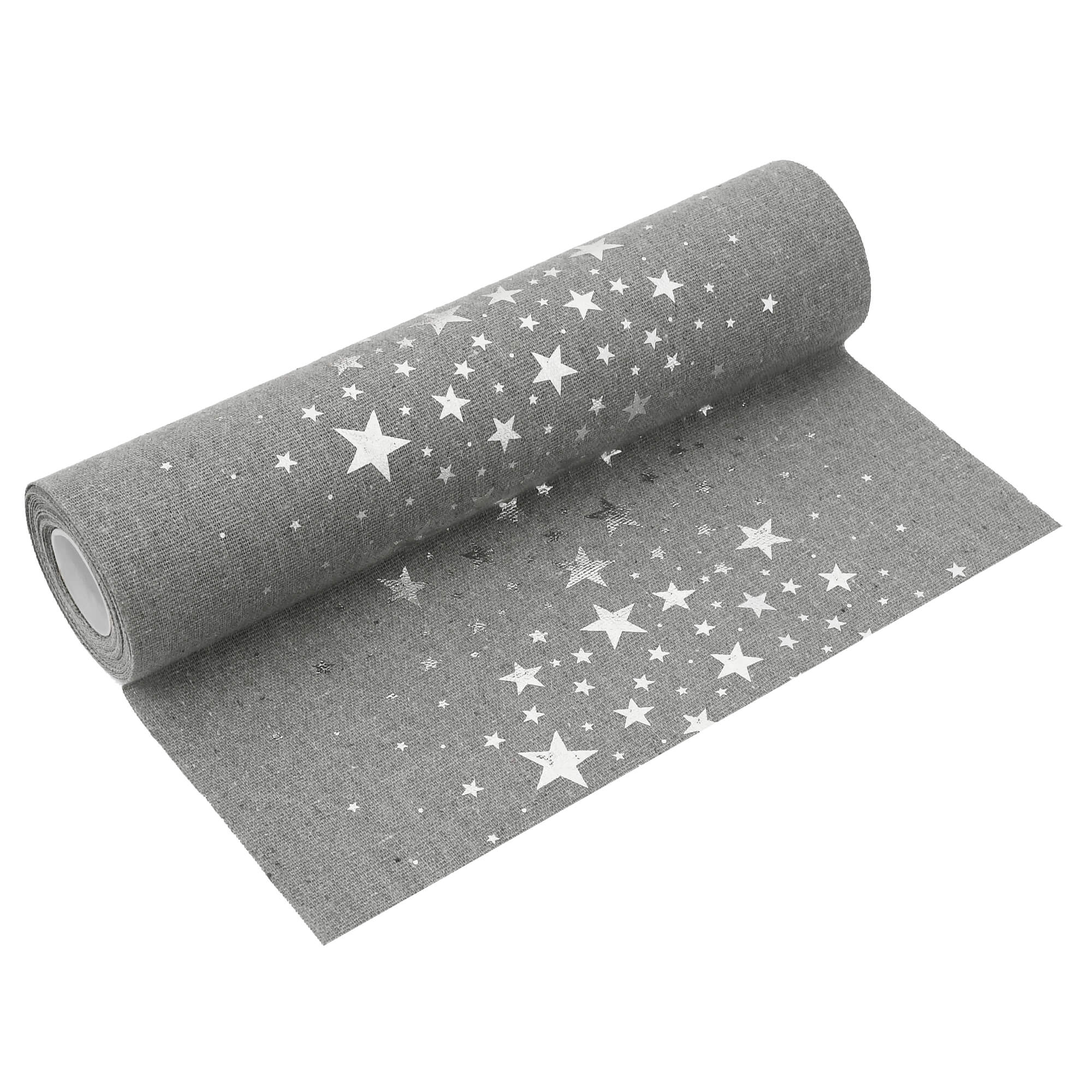Moderno® Tischläufer Leinenoptik Grau 5 m – Silberne Sterne, 28 cm Breite, Weihnachtsdeko, Festliche Tischdeko für Weihnachten & Events