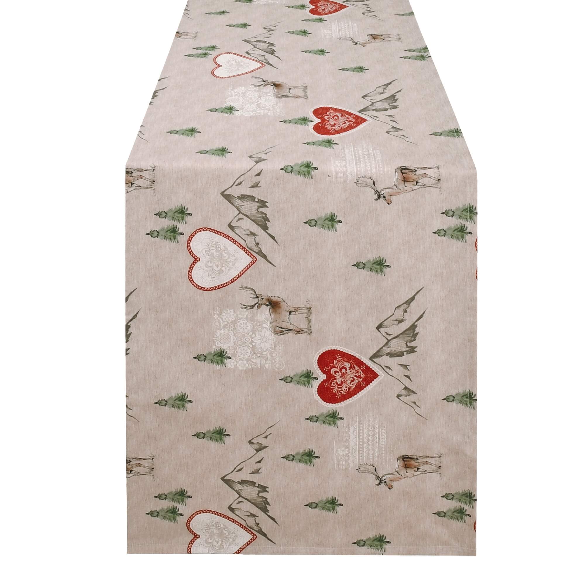 Moderno® Tischläufer abwaschbar mit Fleckschutz – Wintermotiv mit Hirschen, Herzen & Tannen in Beige-Rot-Grün Moderno® Tischläufer abwaschbar mit Fleckschutz – Wintermotiv mit Hirschen, Herzen & Tannen in Beige-Rot-Grün