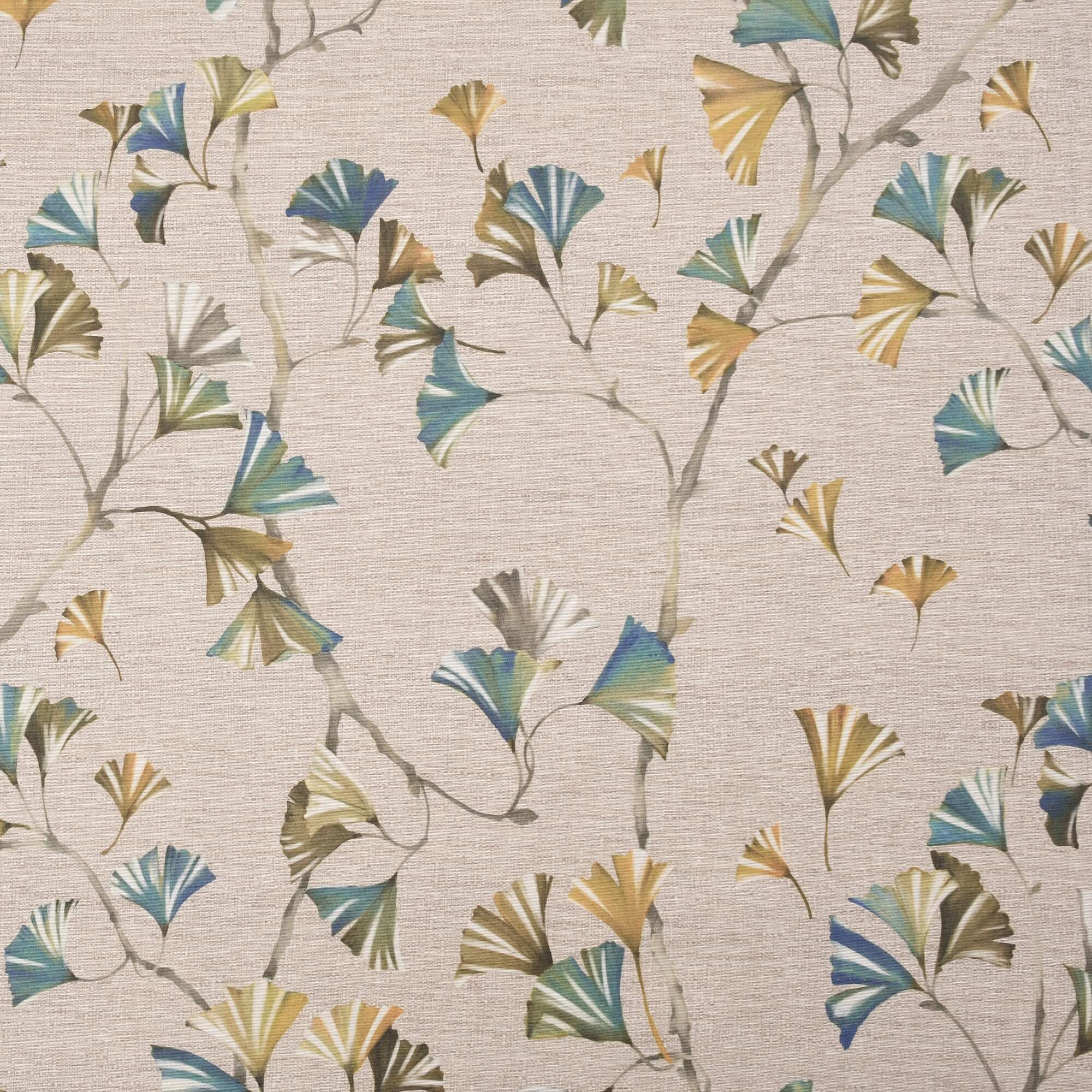 Moderno® Abwaschbare Tischdecke mit Fleckschutz – Ginkgo-Blättermotiv in Blau, Grün & Gold auf Naturbeige Moderno® Abwaschbare Tischdecke mit Fleckschutz – Ginkgo-Blättermotiv in Blau, Grün & Gold auf Naturbeige