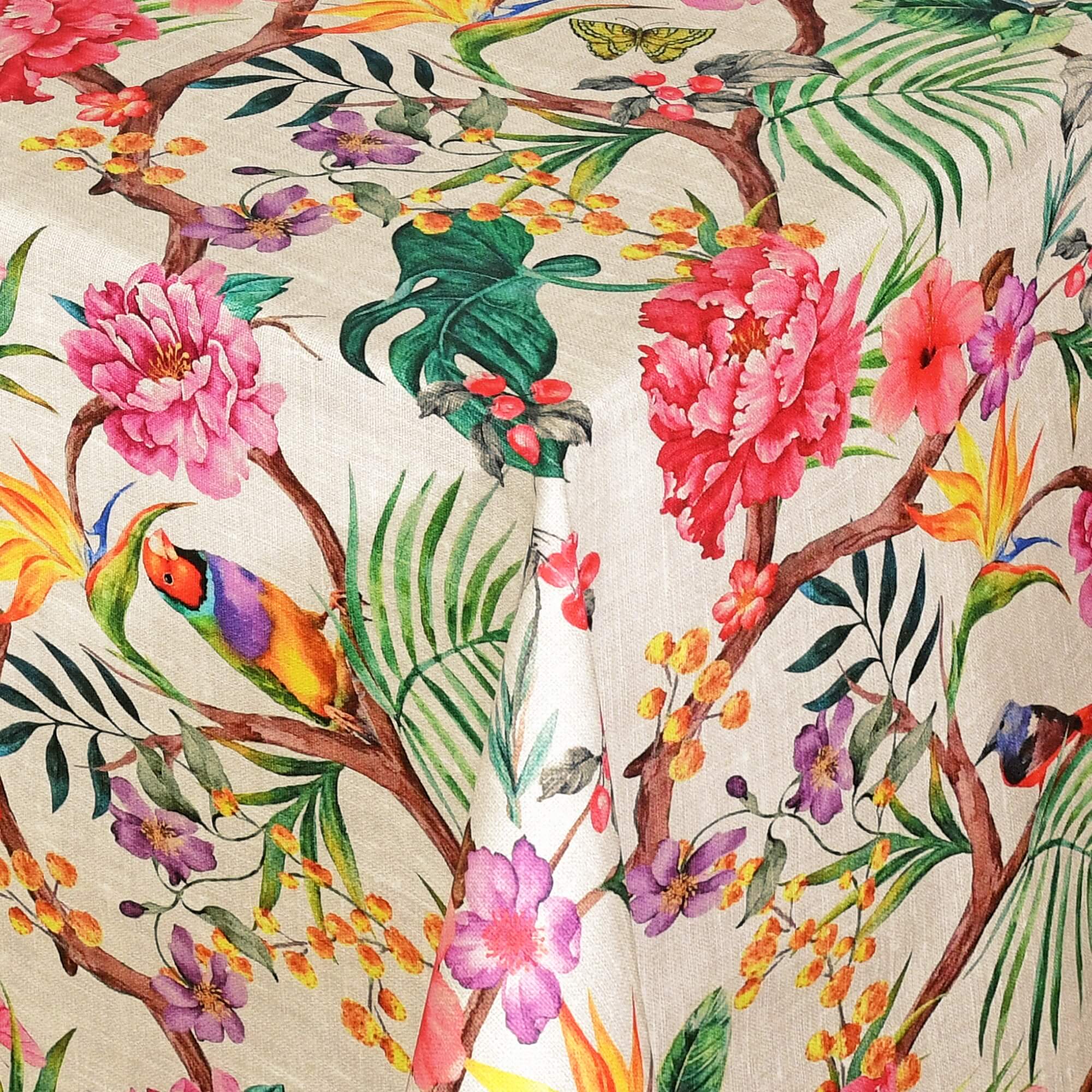 Abwaschbare Tischdecke mit Fleckschutz - Leinenoptik, Blumen- und Vogelmotiv in Bunt