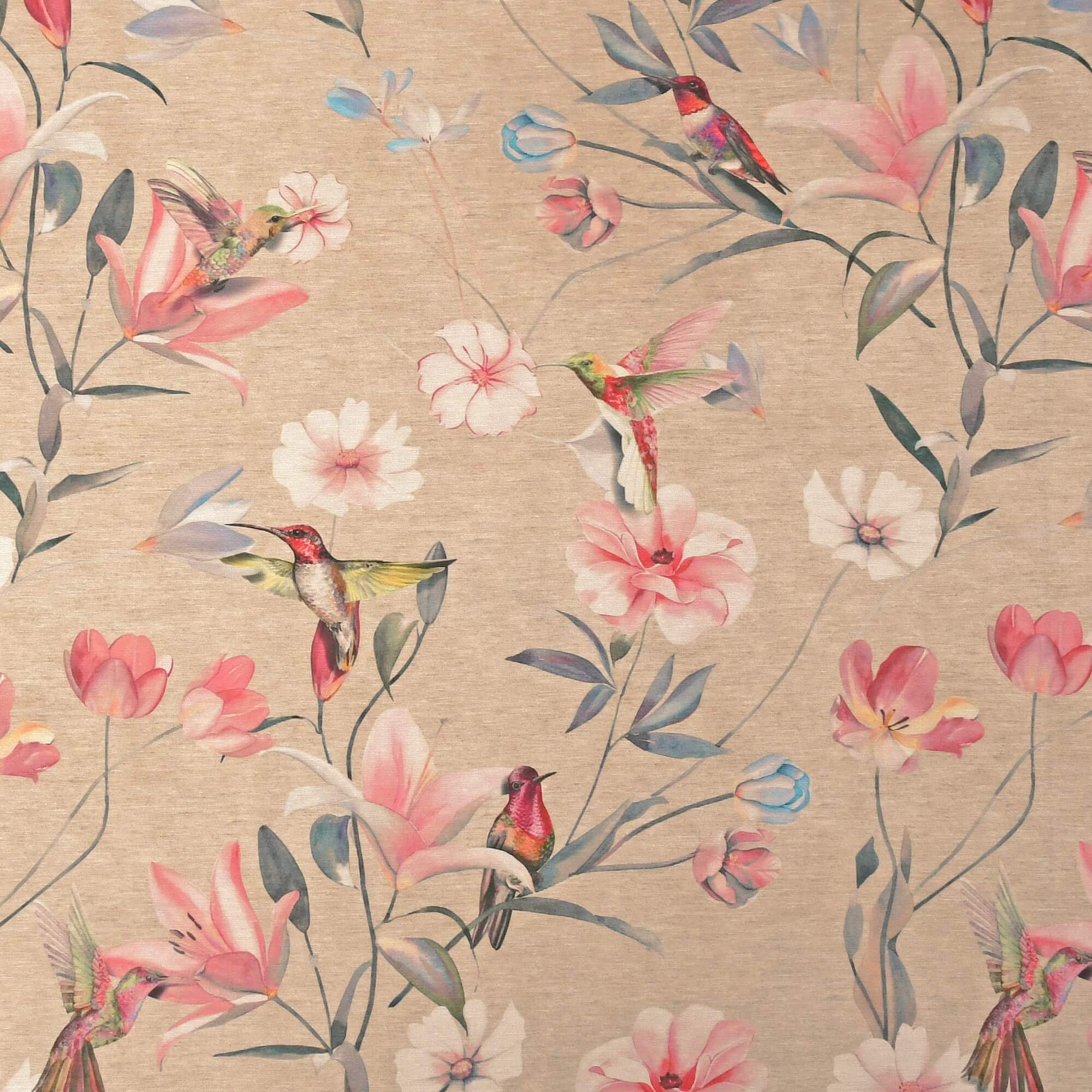 Moderno® Abwaschbare Tischdecke mit Fleckschutz - Leinenoptik, Exotische Blumen & Kolibris in Beige