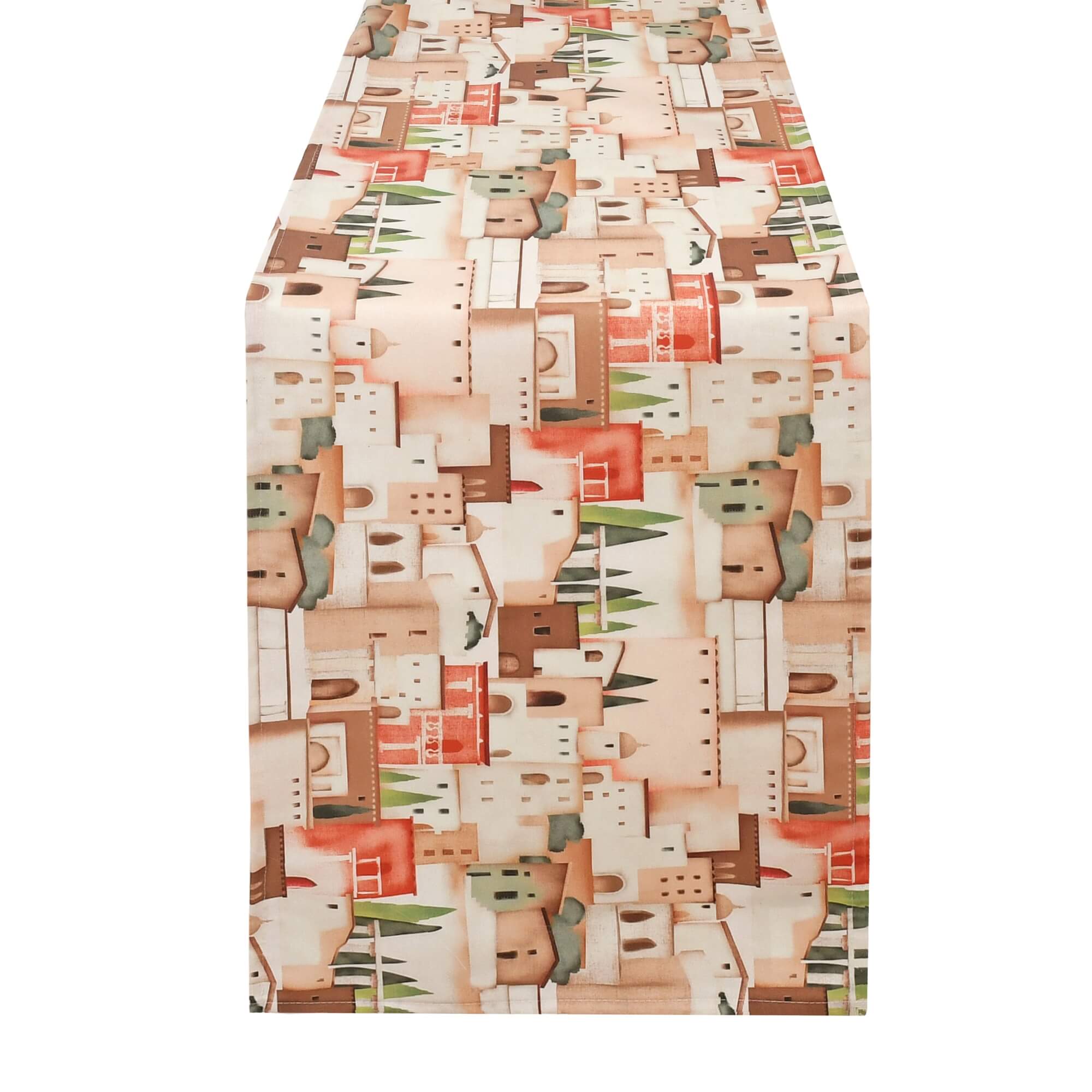 Tischläufer modern mit Fleckschutz – Leinenoptik, Mediterrane Gebäude in Beige-Grün Tischläufer modern mit Fleckschutz – Leinenoptik, Mediterrane Gebäude in Beige-Grün