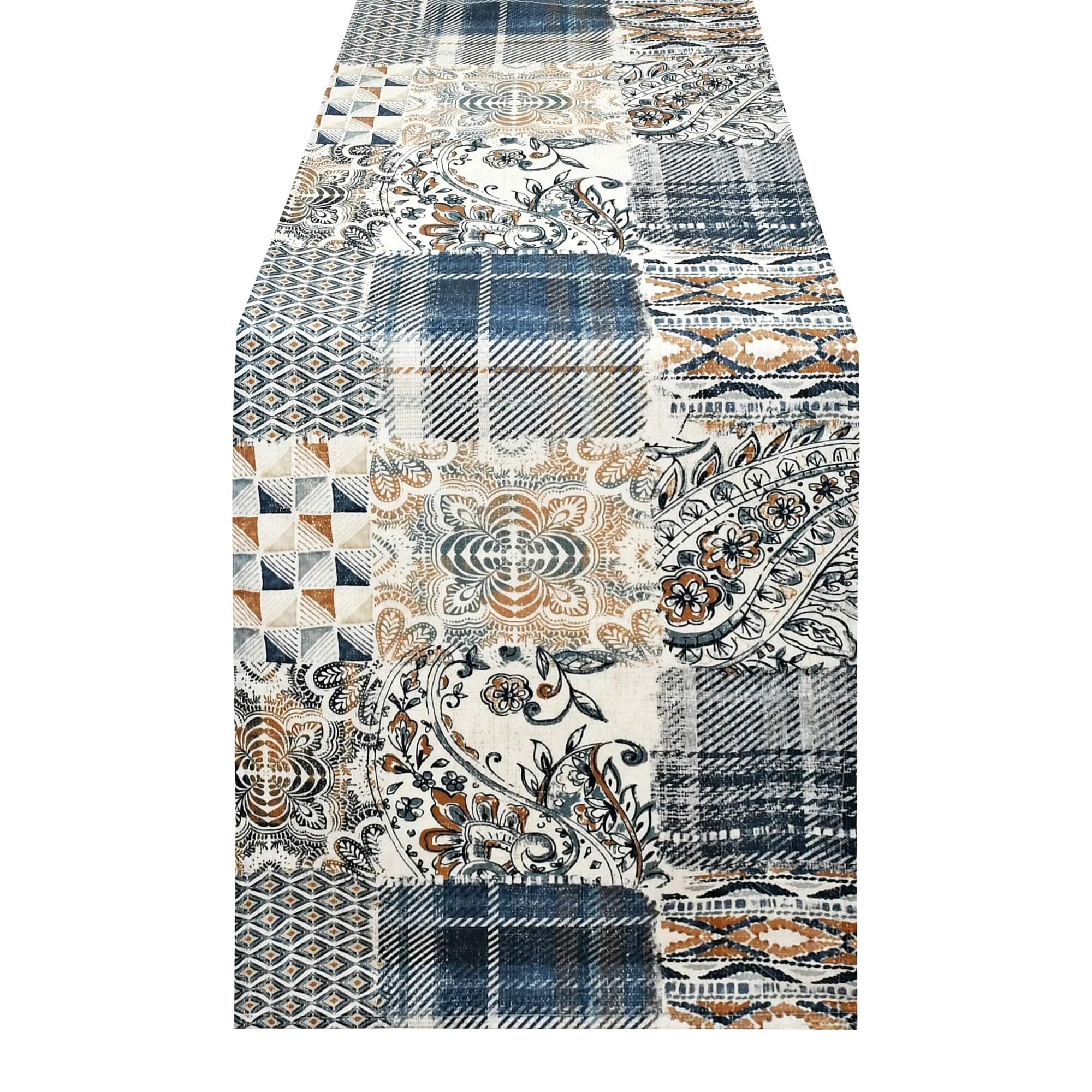 Tischläufer modern mit Fleckschutz – Leinenoptik, Quadrate in Blau & Braun-Beige Tischläufer modern mit Fleckschutz – Leinenoptik, Quadrate in Blau & Braun-Beige