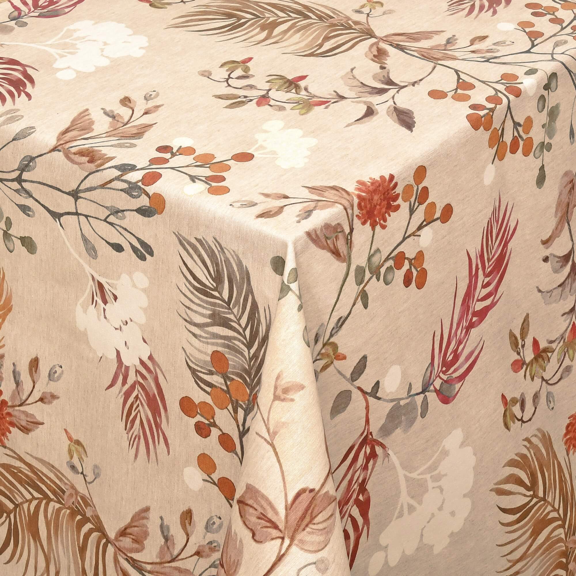 Moderno® Abwaschbare Tischdecke mit Fleckschutz - Leinenoptik, Farne & Blätter in Beige, Braun-Rot