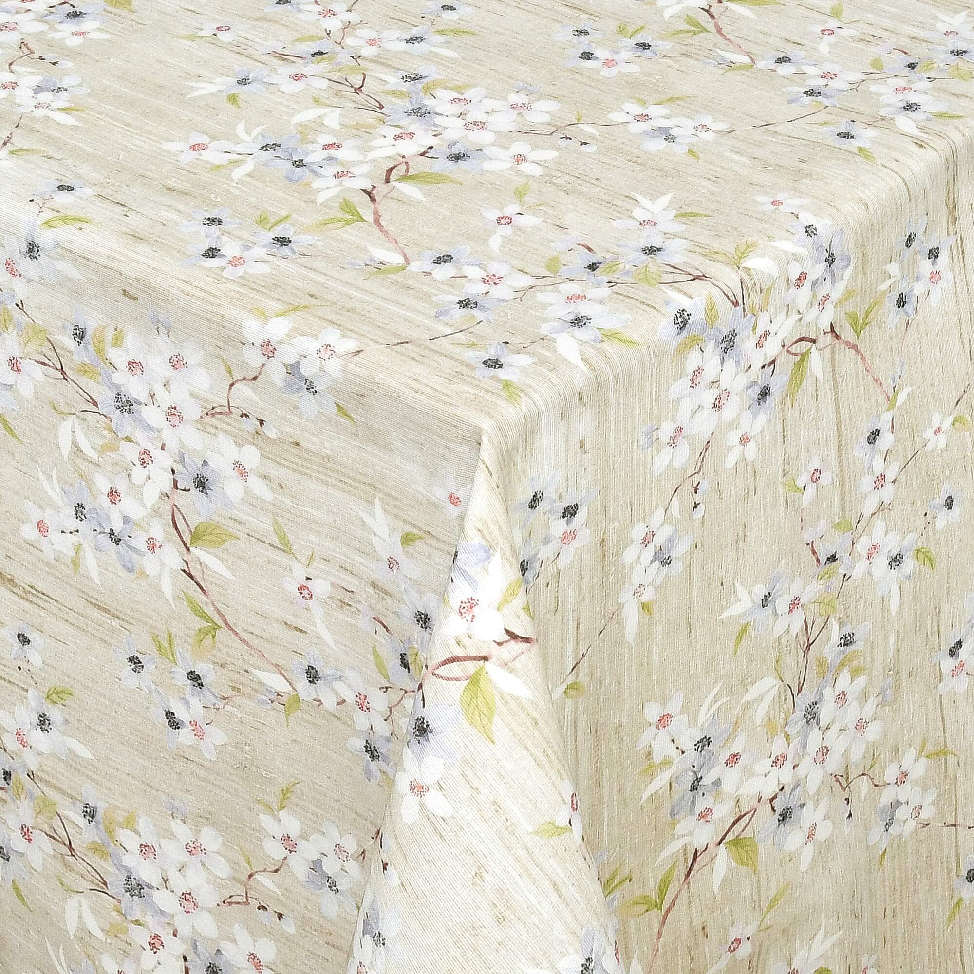 Moderno® Abwaschbare Tischdecke mit Fleckschutz – Zartes Blütenmuster in Weiß, Flieder & Grün auf Naturbeige Moderno® Abwaschbare Tischdecke mit Fleckschutz – Zartes Blütenmuster in Weiß, Flieder & Grün auf Naturbeige