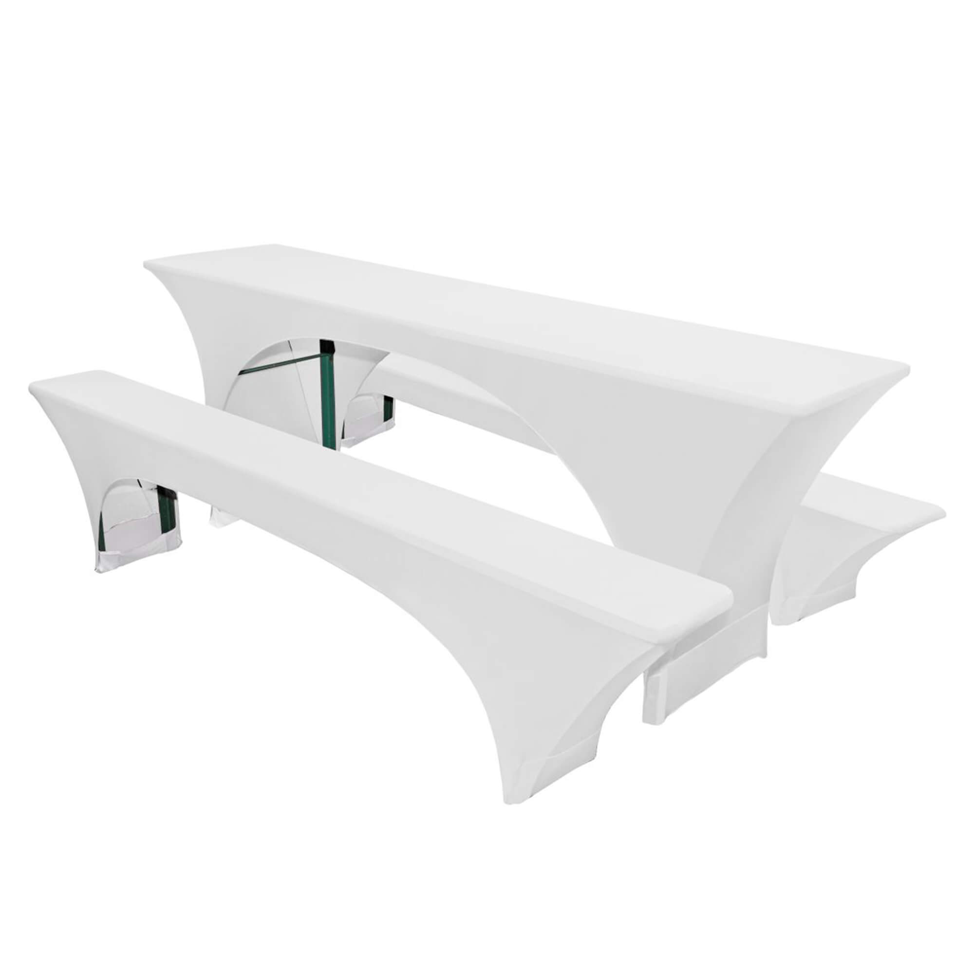 Stretch Hussen 3 teiliges Set in Weiss für 50er Festzeltgarnitur mit Bierbankhussen und Biertischhusse