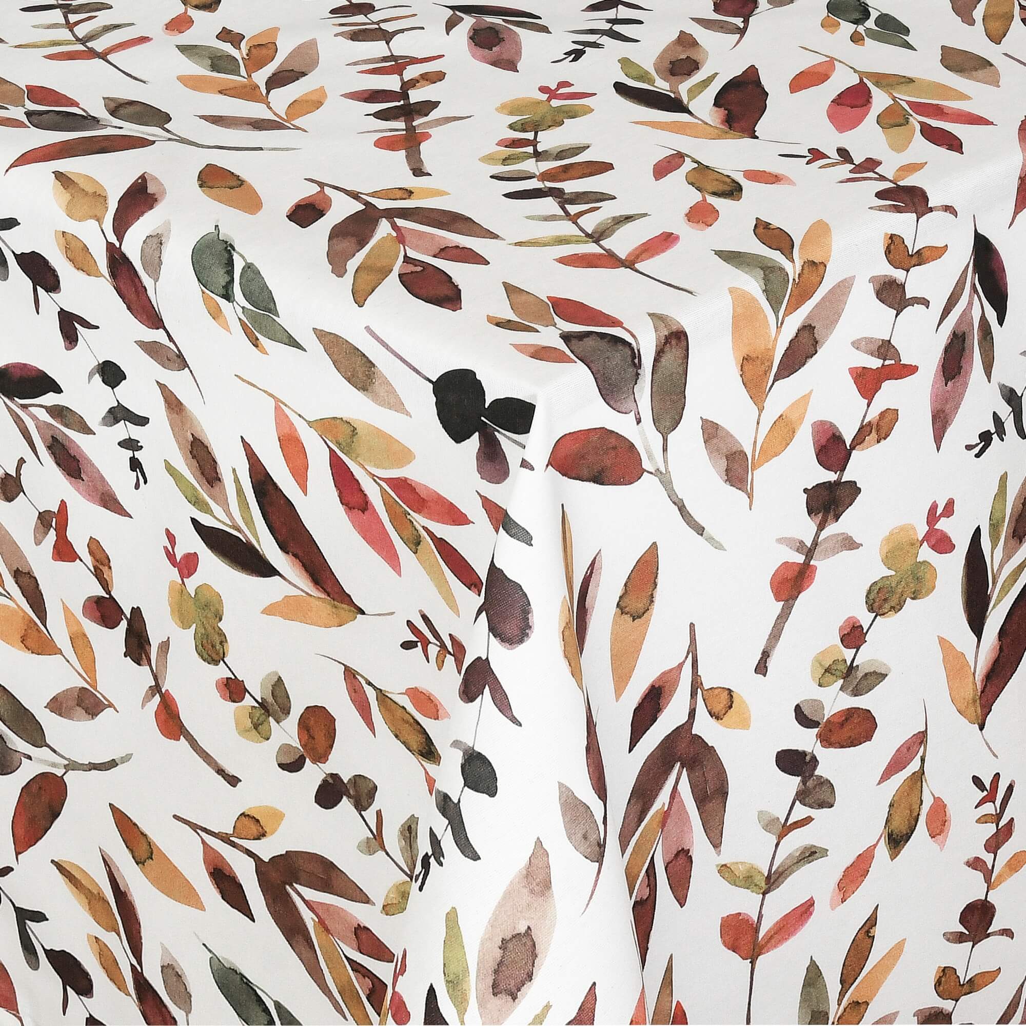 Tischdecke Herbstzweige mit Fleckschutz - Leinenoptik, Weiß mit mediterranen Blättern