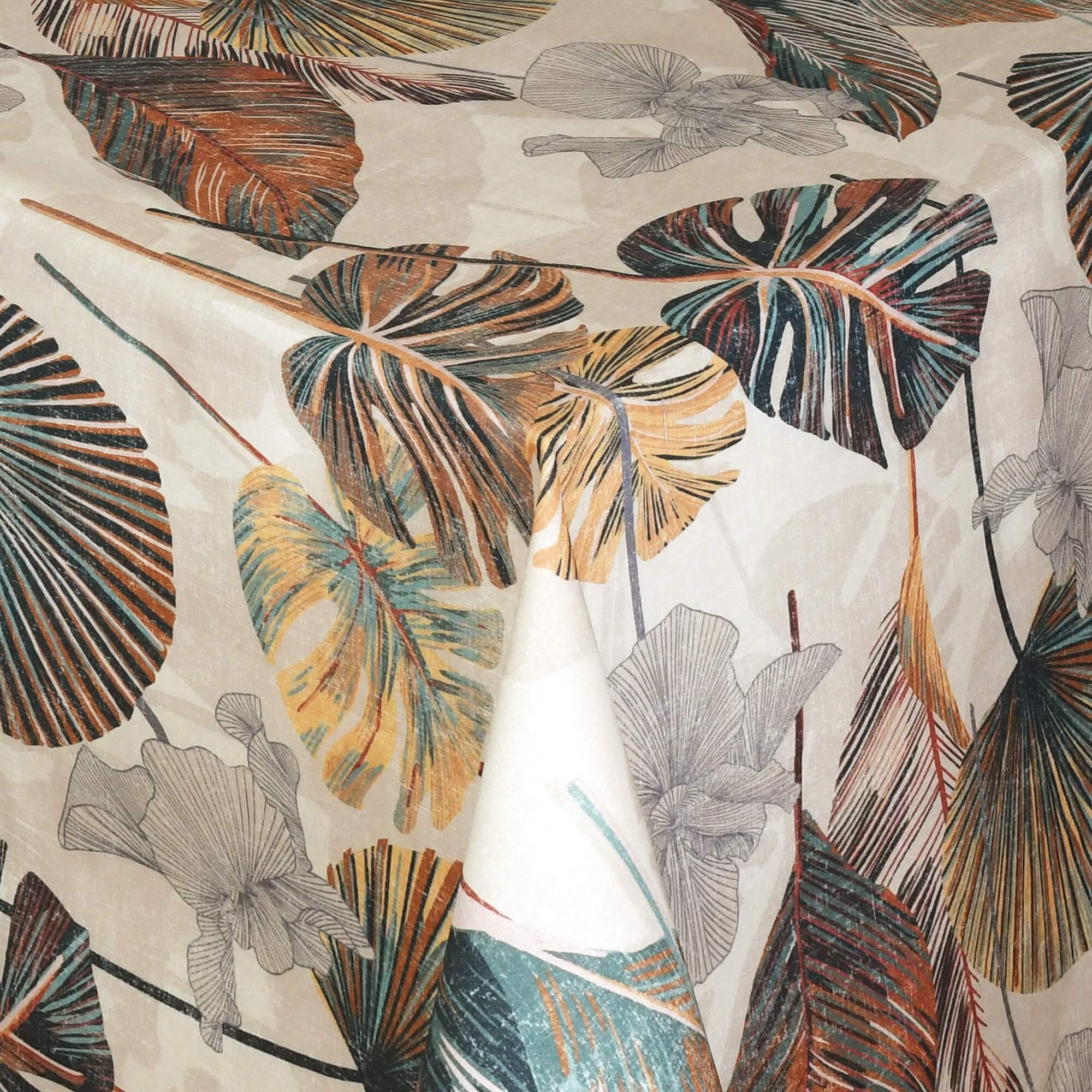 Moderno® Abwaschbare Tischdecke mit Fleckschutz - Leinenoptik, Tropische Blätter in Beige & Braun Moderno® Abwaschbare Tischdecke mit Fleckschutz - Leinenoptik, Tropische Blätter in Beige & Braun