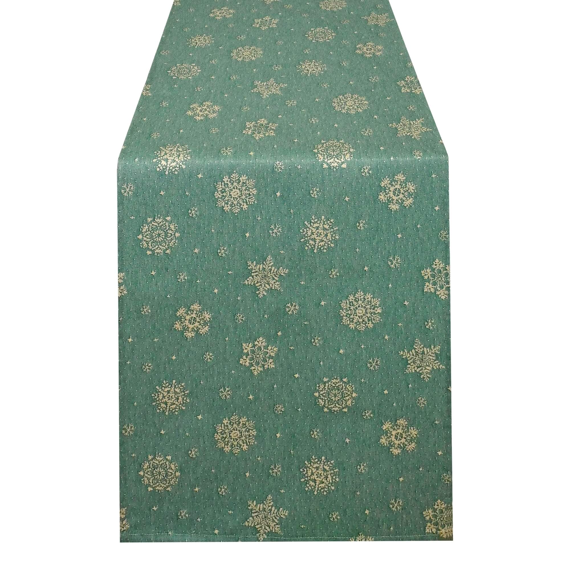 Moderno® Tischläufer Lurex Schneekristalle Grün-Hellgold – Jacquard-Gewebe mit Glanzeffekt & Fleckschutz, festlich & abwaschbar Moderno® Tischläufer Lurex Schneekristalle Grün-Hellgold – Jacquard-Gewebe mit Glanzeffekt & Fleckschutz, festlich & abwaschbar