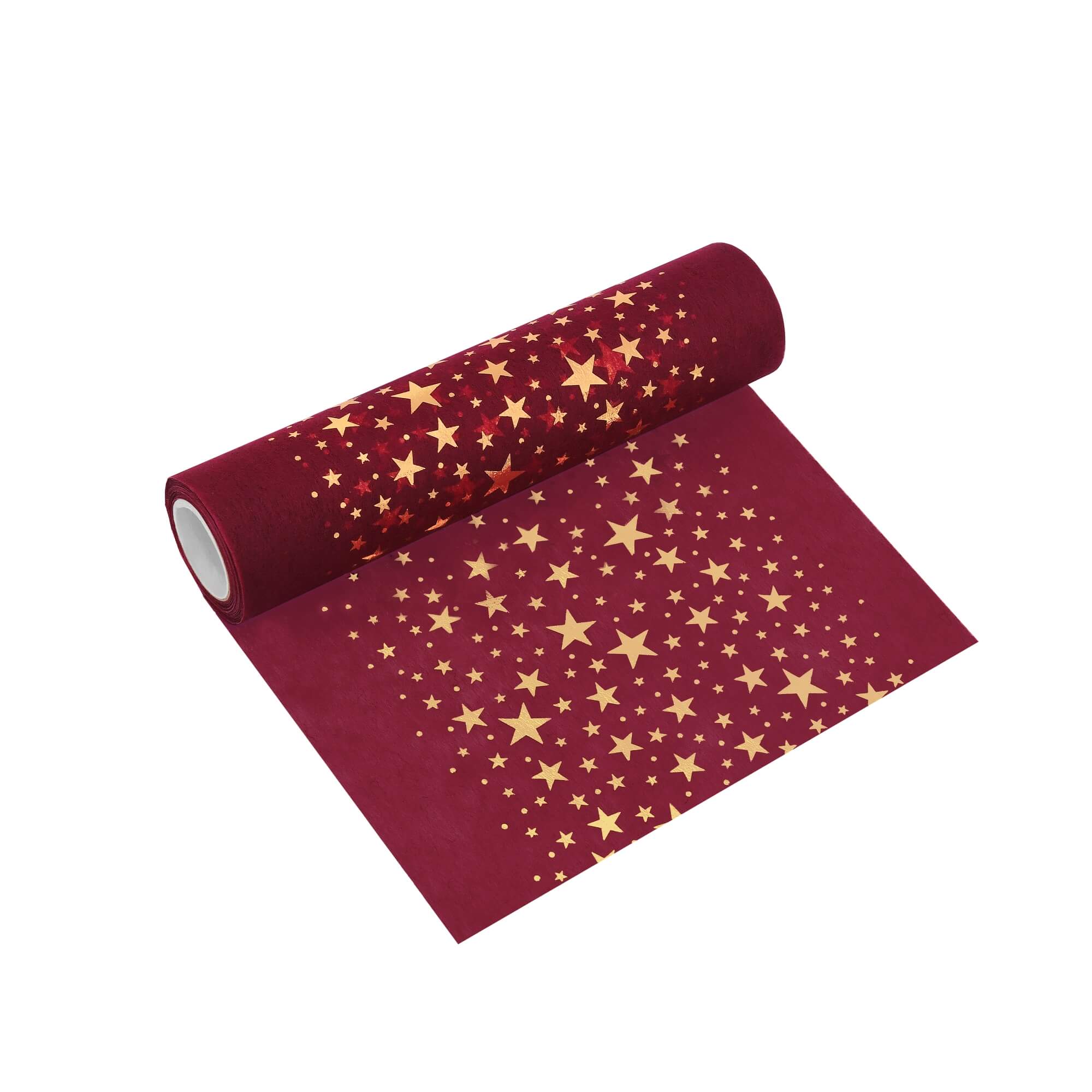 Moderno® Tischläufer Vlies Rot 5 m – Goldene Sterne, 20 cm Breite, Festliche Weihnachtsdeko, Elegantes Tischband für Weihnachten & Events