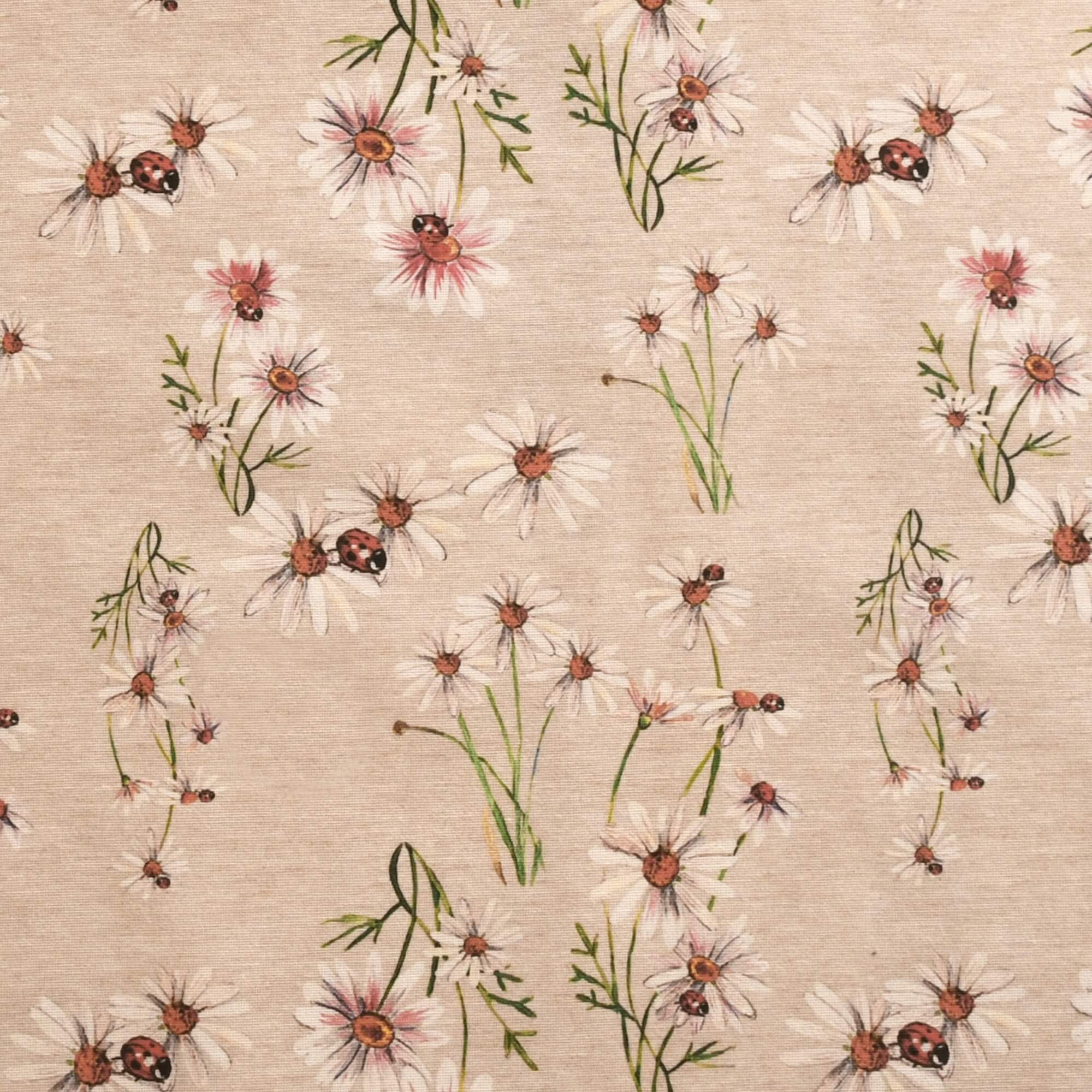 Moderno® Abwaschbare Tischdecke mit Fleckschutz - Leinenoptik, Blumen & Marienkäfer auf Beige