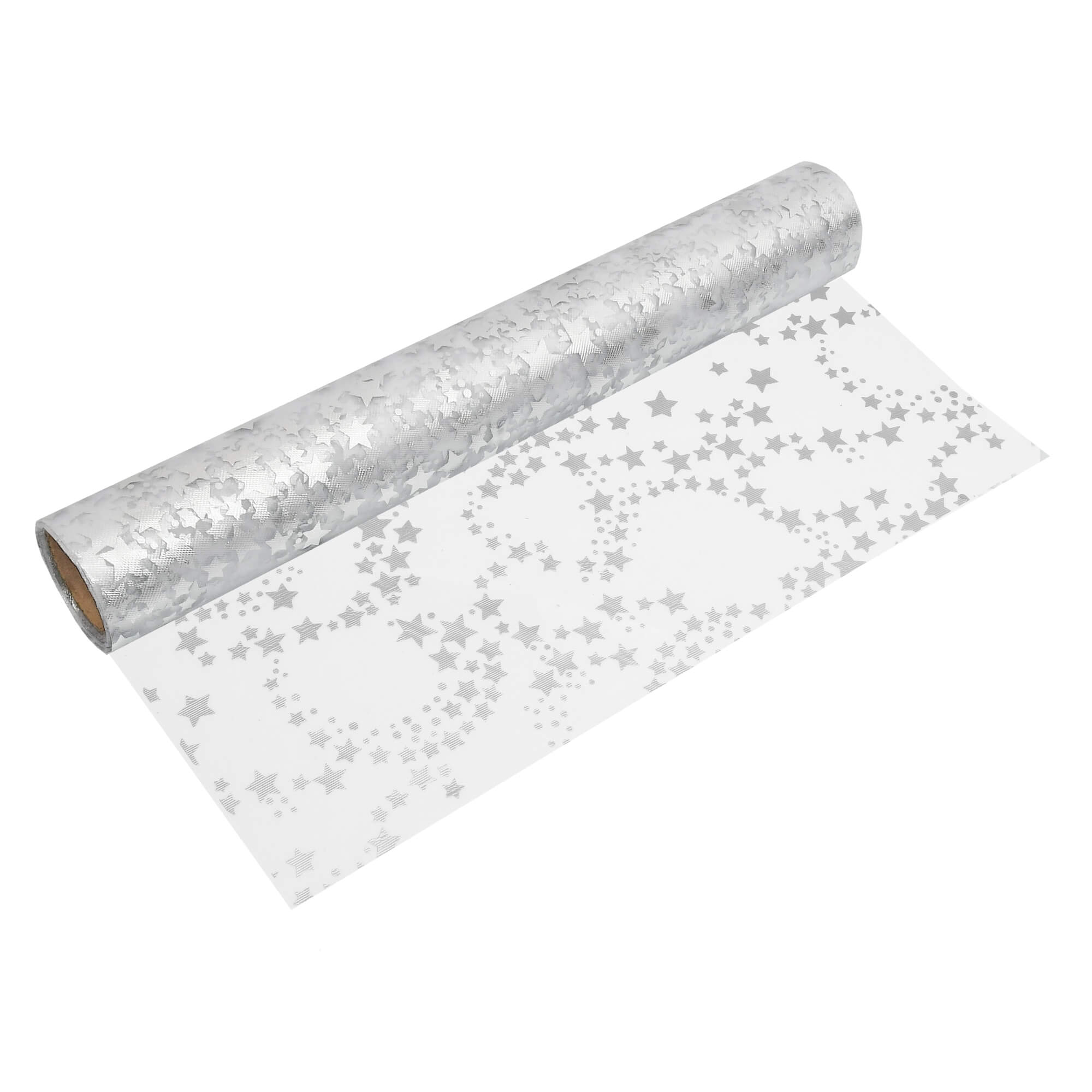 Moderno® Tischläufer Organza 5 m – Glitzernde Sterne in Silber, 28 cm Breite, Weihnachtsdeko, Silvester, Elegantes Tischband für Feiern & Events