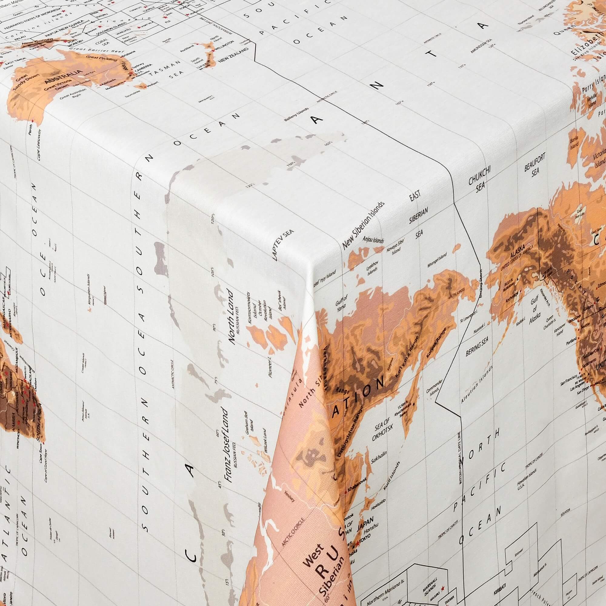 Moderno® Abwaschbare Tischdecke mit Fleckschutz – Leinenoptik, Weltkarten-Motiv in Braun & Weiss