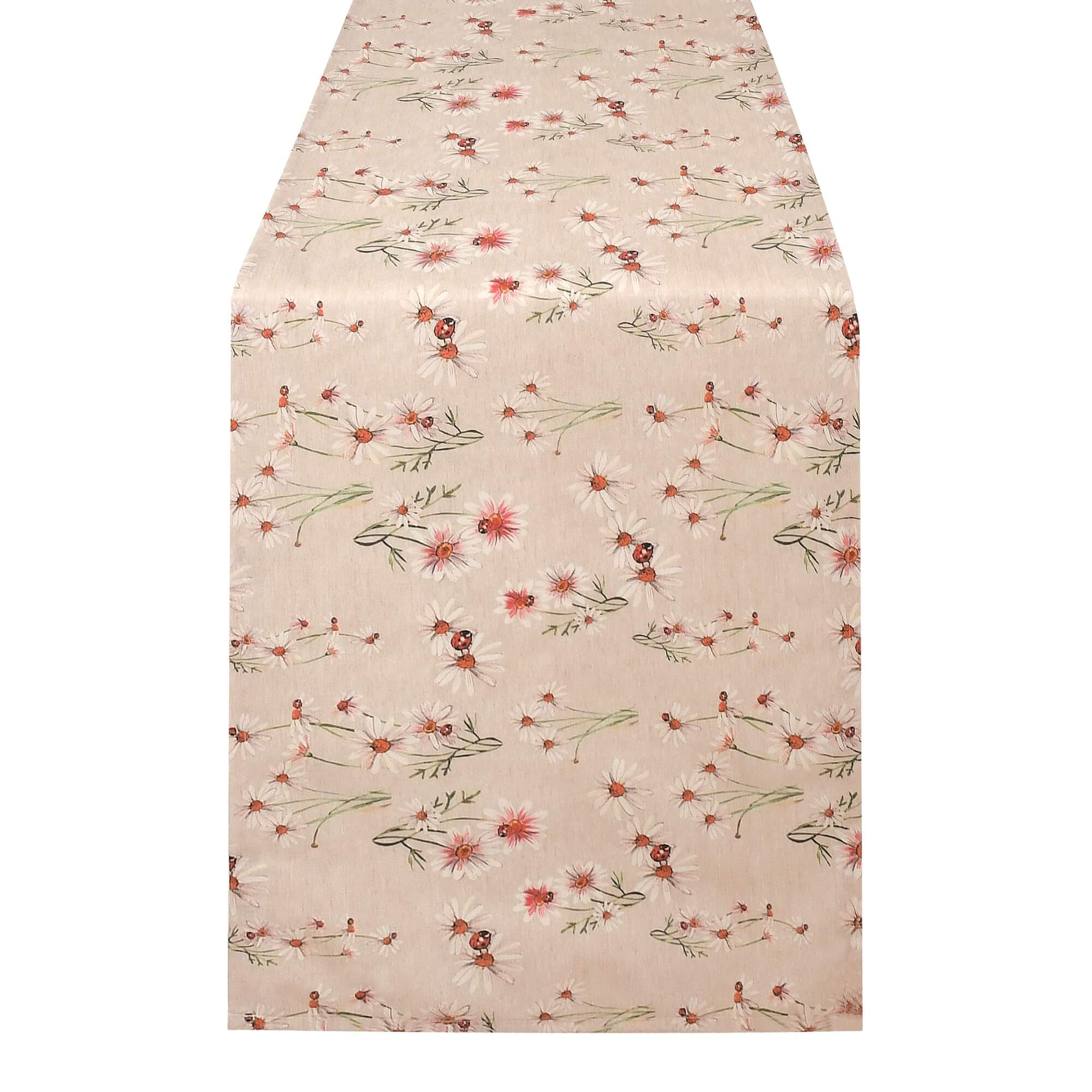 Tischläufer modern mit Fleckschutz – Leinenoptik, Blumen & Marienkäfer auf Beige Tischläufer modern mit Fleckschutz – Leinenoptik, Blumen & Marienkäfer auf Beige