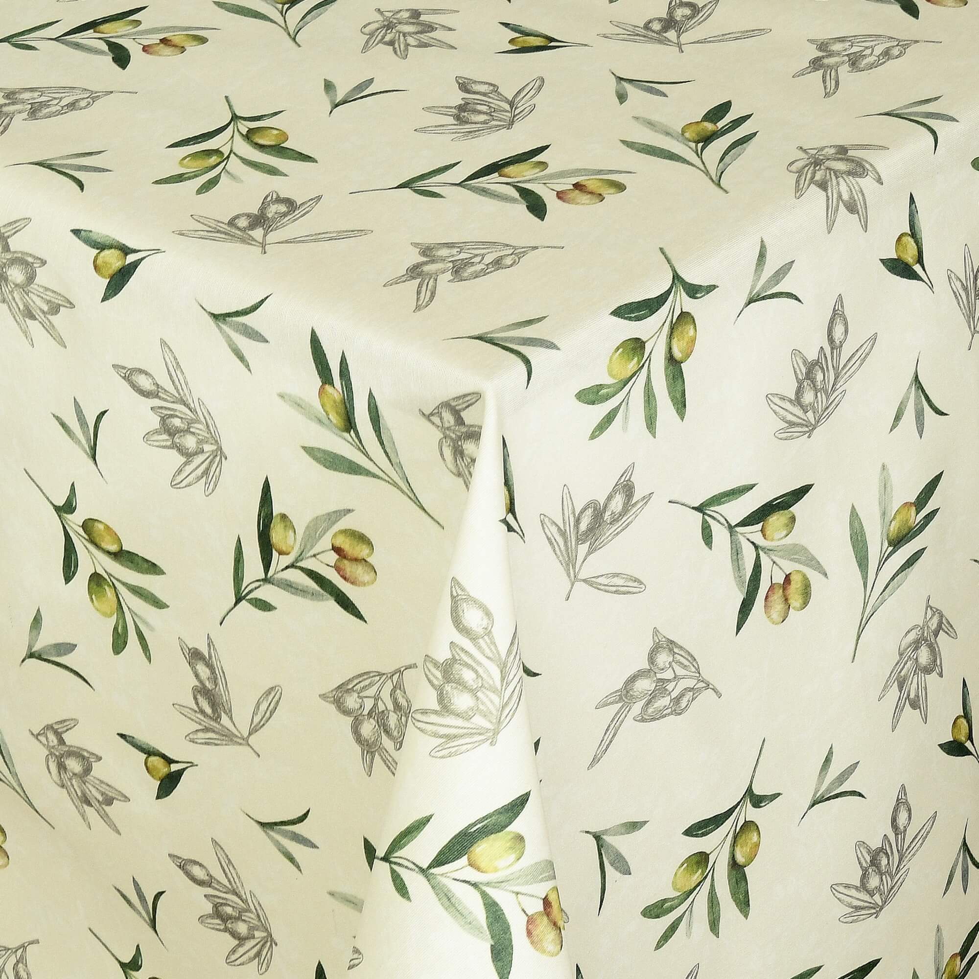 Tischdecke Olivenzweige mit Fleckschutz - Leinenoptik, Gelb mit stilisierten Zweigen