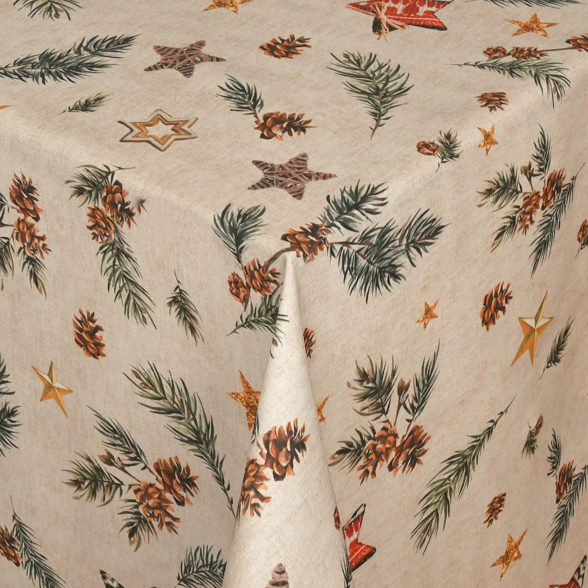 Moderno® Tischdecke Weihnachten Weihnachtstischdecke Tannenzweige und Sterne Motiv Beige mit Fleckschutz