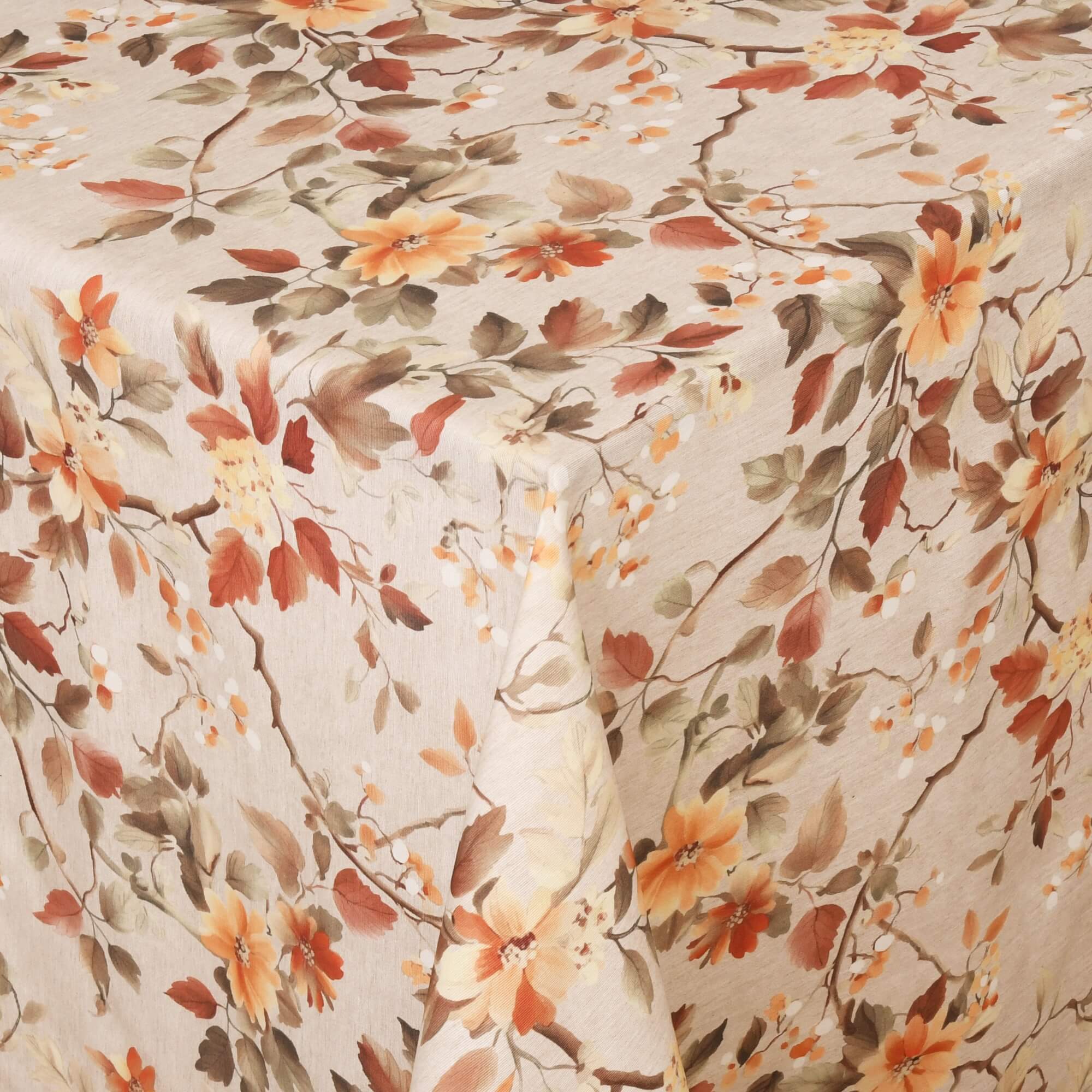 Moderno® Abwaschbare Tischdecke mit Fleckschutz – Herbstliches Blumenmotiv in Orange, Braun & Creme Moderno® Abwaschbare Tischdecke mit Fleckschutz – Herbstliches Blumenmotiv in Orange, Braun & Creme