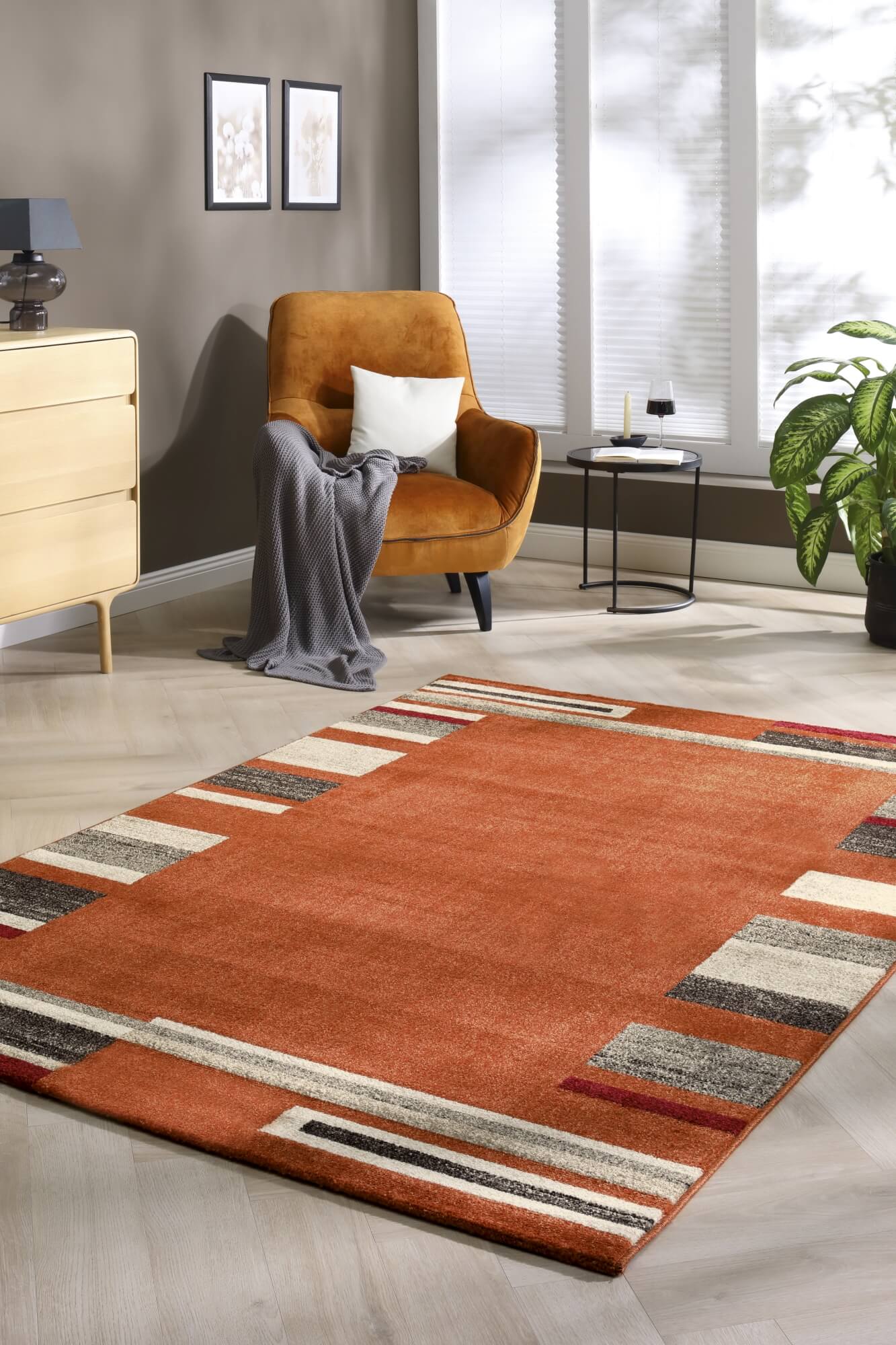 Teppich Amber – Rot mit Blockstreifenmuster – Kurzflor – pflegeleicht & modern
